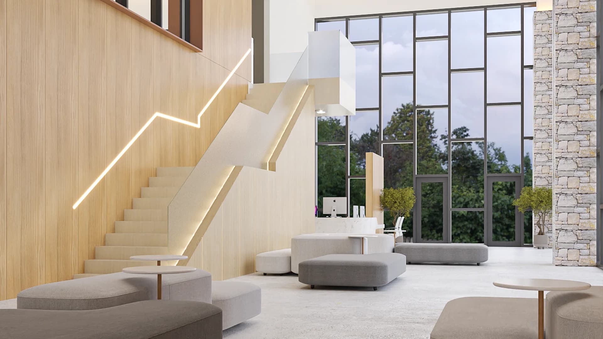 Corporate lobby with floating staircase, LED strip lighting, wood panels, and gray seating