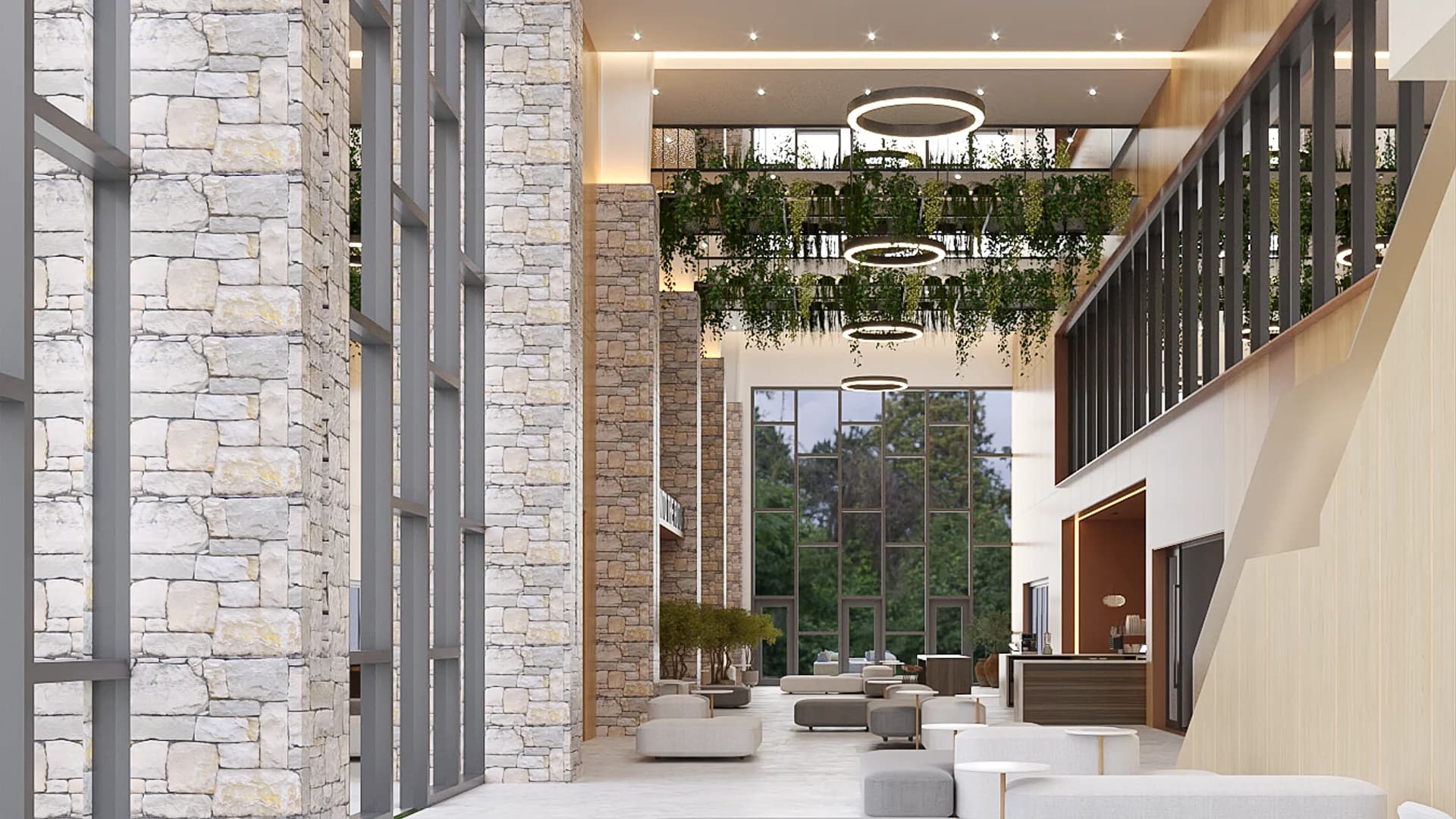 Corporate lobby with stone columns, hanging planters, circular pendants, and floor-to-ceiling windows