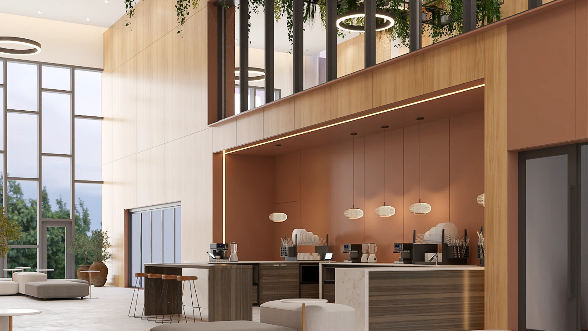 Corporate coffee bar with terracotta accent wall, pendant lights, and oak paneling