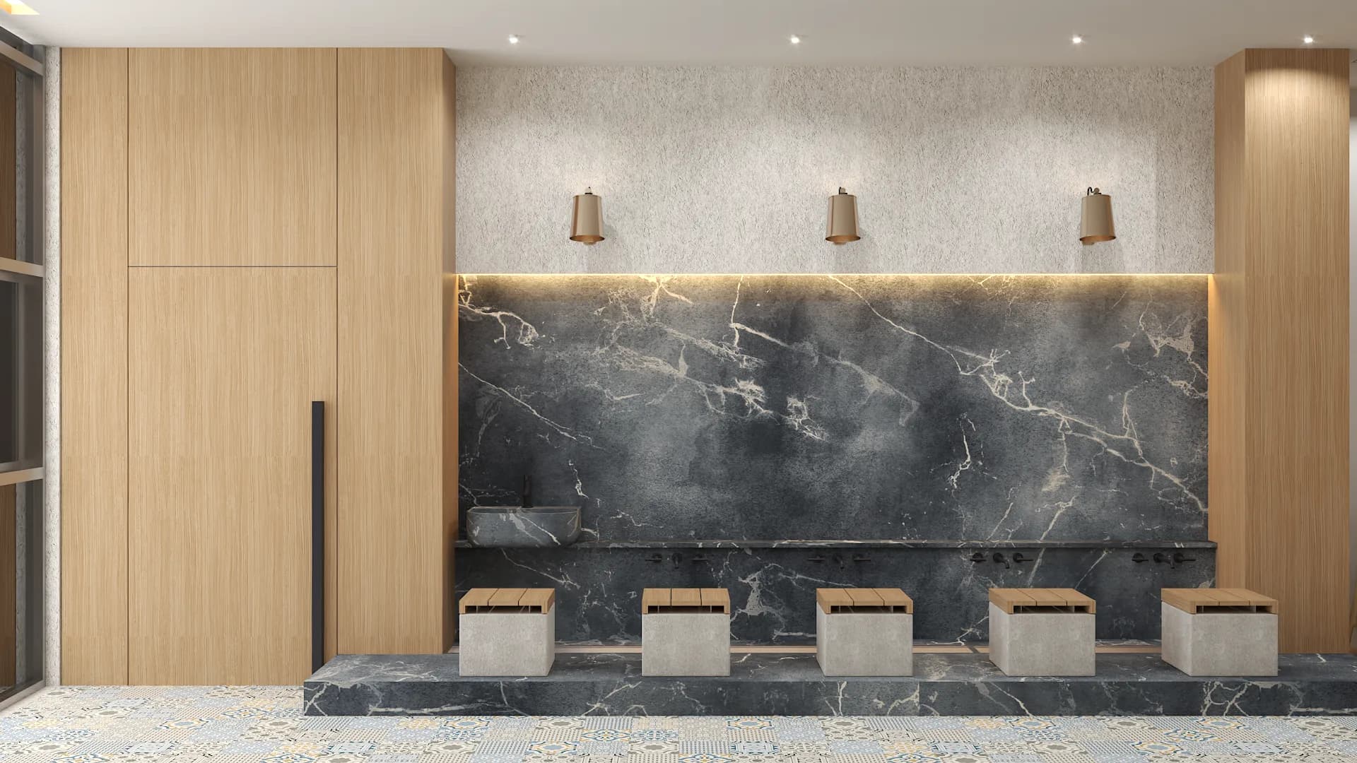 Corporate reception with dark marble wall, wood panels, concrete cube seating, brass sconces