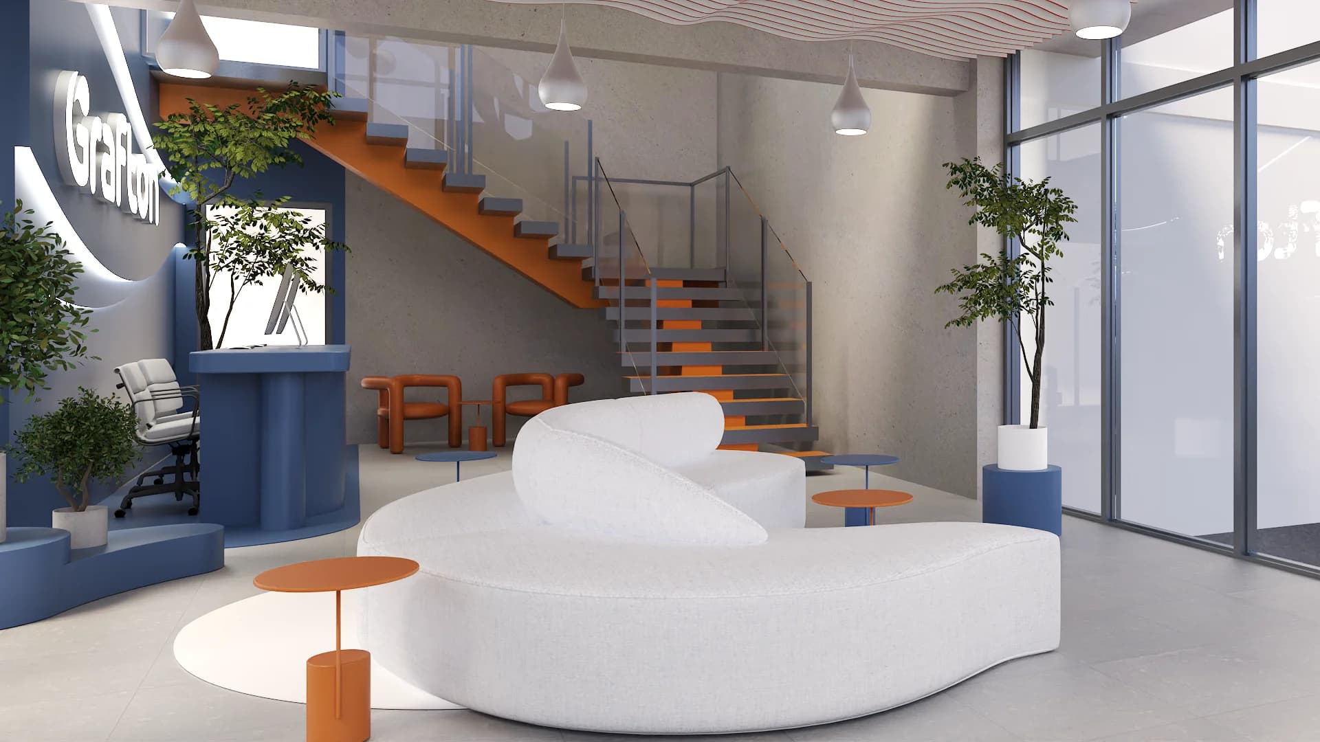 Curved white sofa, bubble cluster chandelier, and floating orange staircase view.