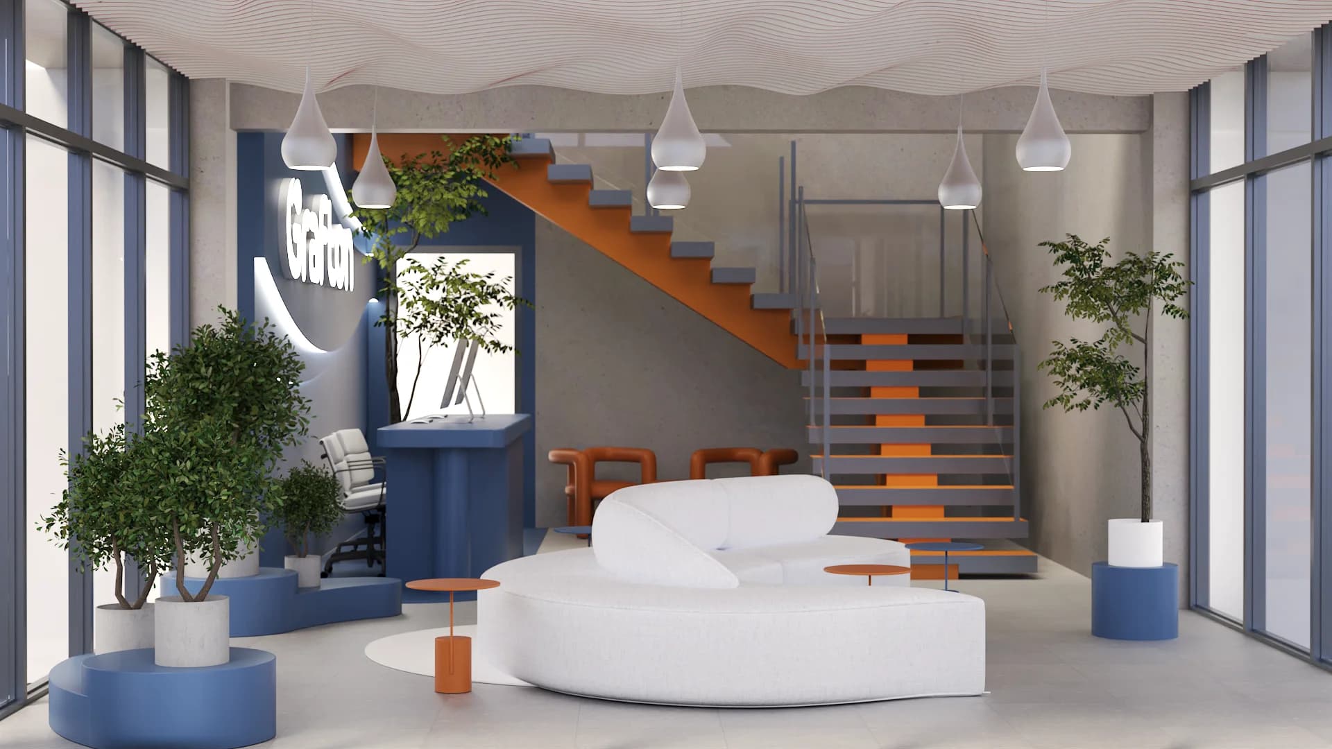 Curved white boucle sofa with burnt orange floating staircase, bubble chandeliers, and cobalt reception desk.