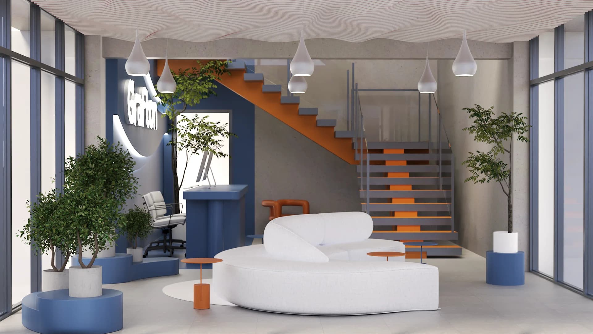 Curved white boucle sofa with floating staircase and cobalt reception desk behind.