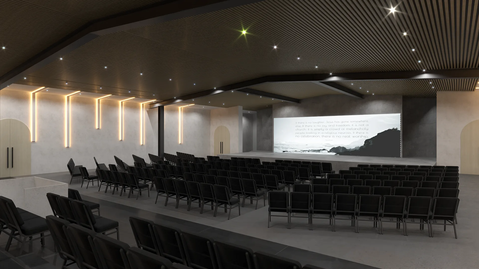 Corporate auditorium with dark oak slat ceiling, recessed spot lighting, tiered black chair rows, and a concrete stage with projection screen