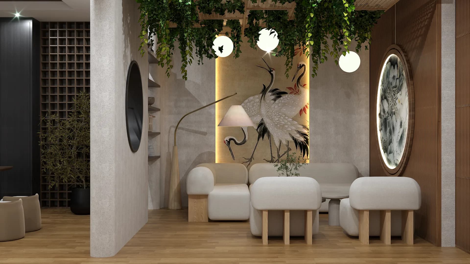 Executive lounge with crane wall art, rounded cream sofas, globe pendants, trailing greenery