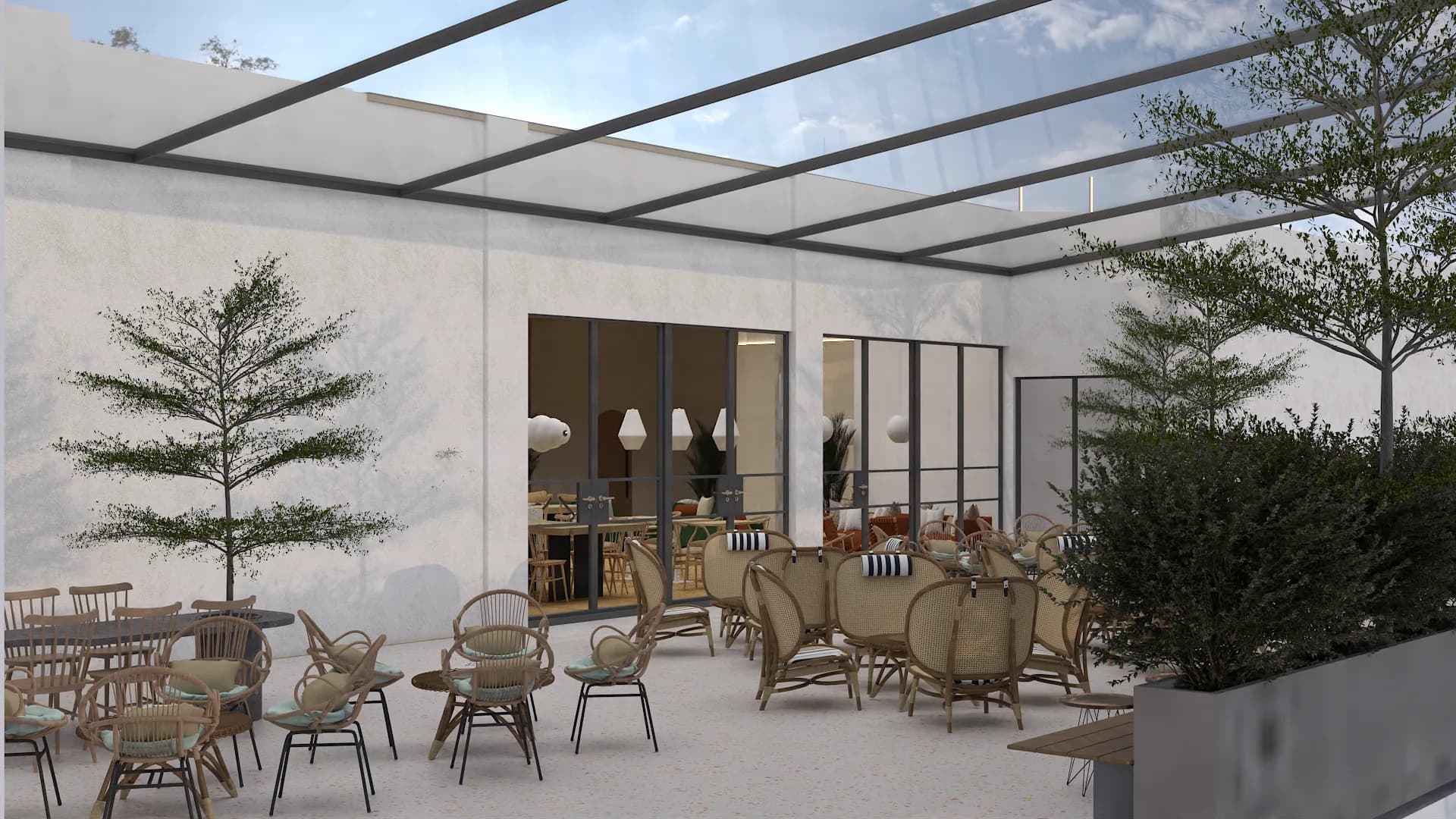 Glass canopy terrace showing lounge and dining zones with planter hedges on the perimeter