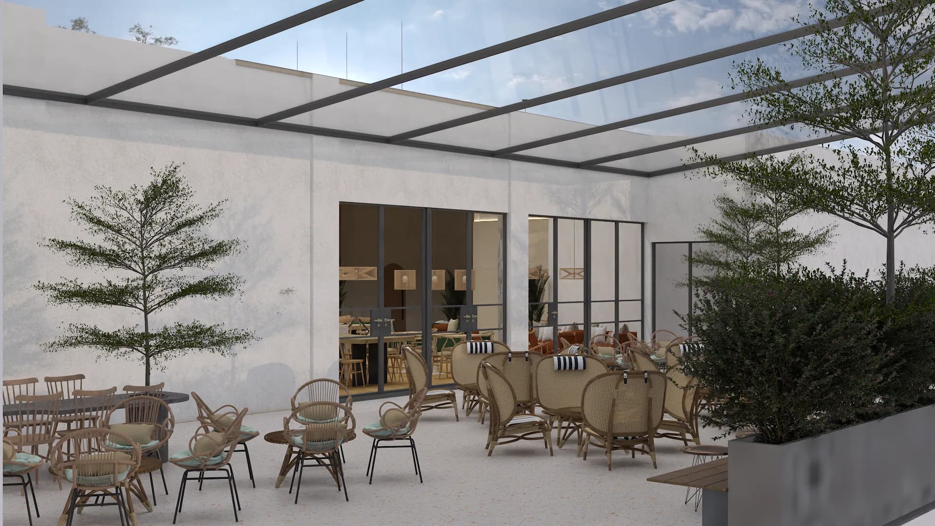 Wide view of glass canopy terrace with planter boxes and trees, interior visible through glass