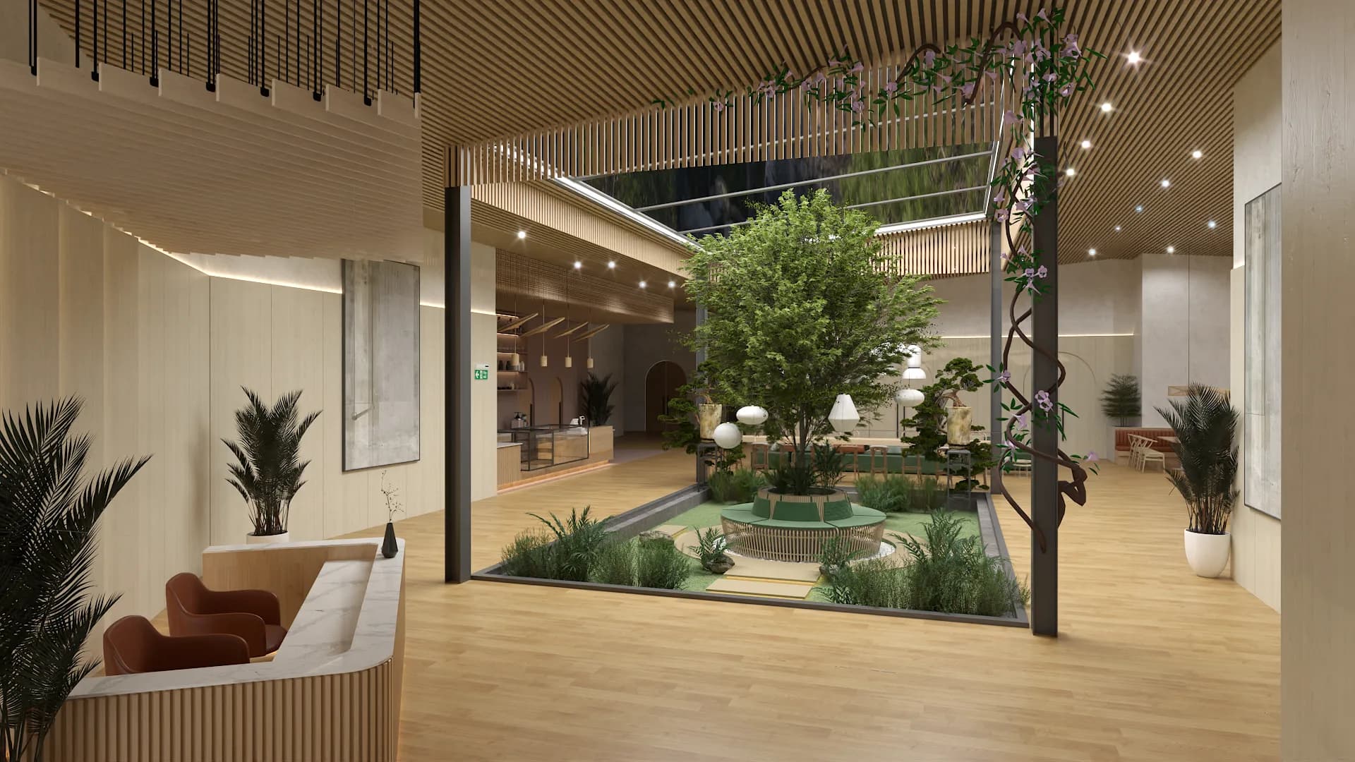 Iron trellis with climbing vine connecting lobby seating to glass-enclosed atrium garden