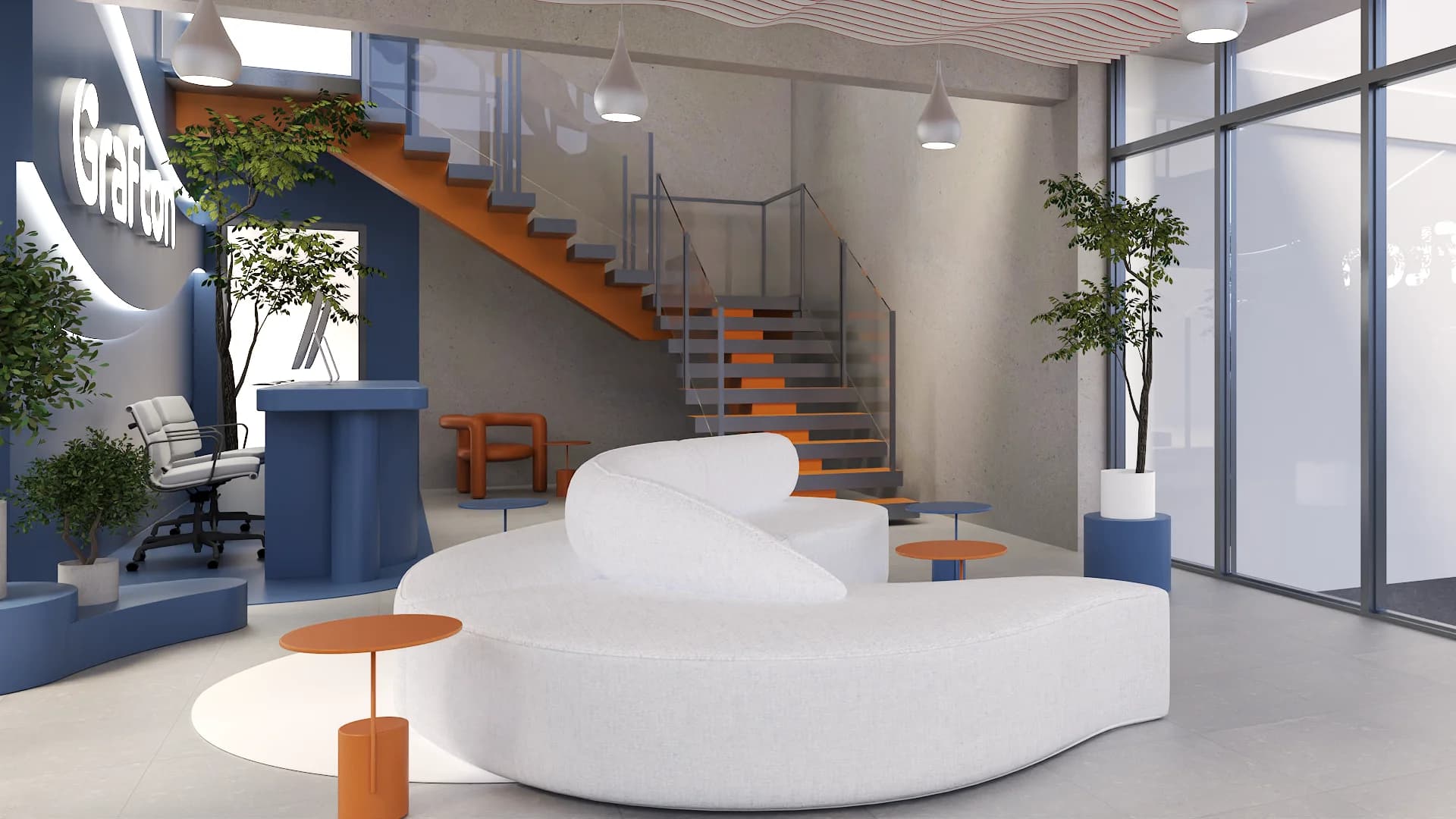 Curved boucle lounge with bubble pendant chandeliers and orange floating staircase behind.