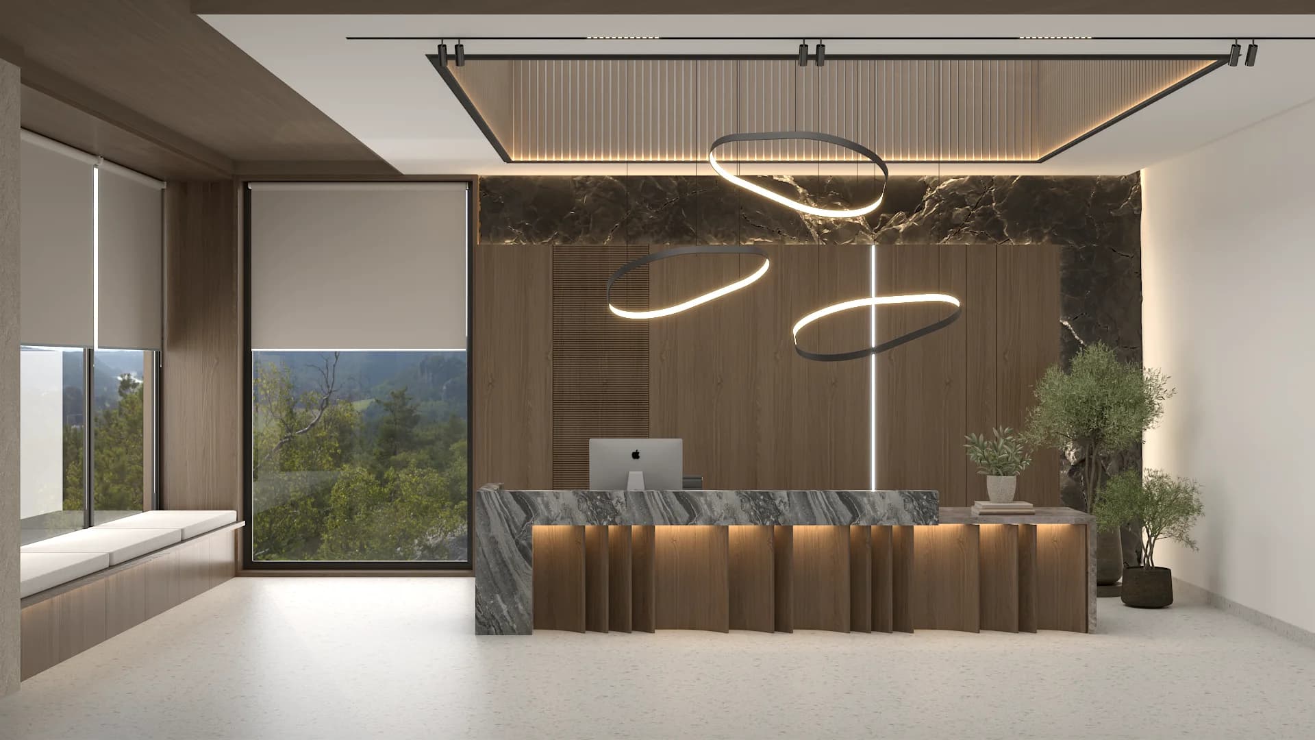 Corporate reception desk in dark marble with brown roller shade and sculptural ring pendant lights