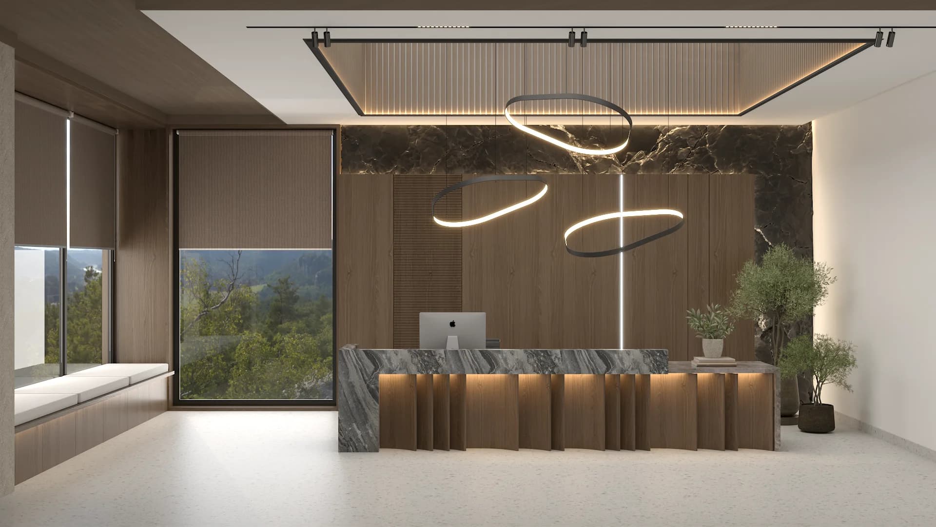 Corporate reception with dark marble desk, mocha roller shade, sculptural pendants, and walnut wall