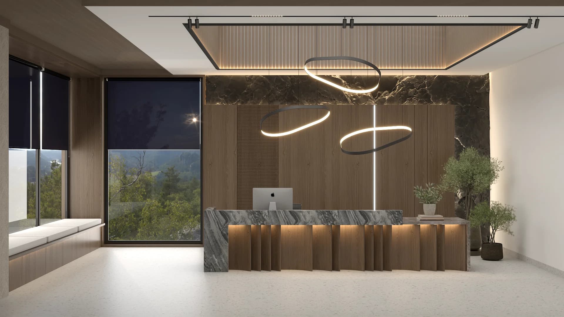Corporate reception with dark marble desk, sculptural ring pendants, walnut panels, and olive tree