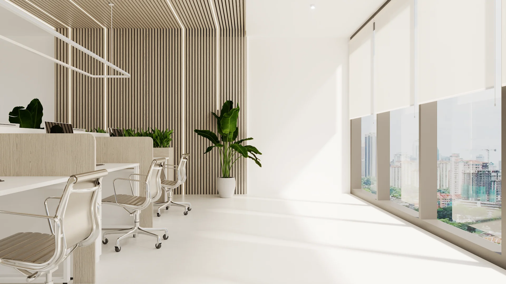 Open plan office with curved vertical slat wall, white workstations, and city view windows