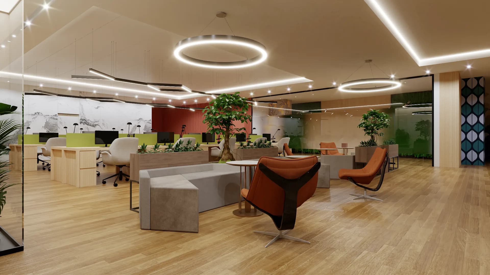 Open corporate office with indoor trees, moss wall, circular pendants, and terracotta accents