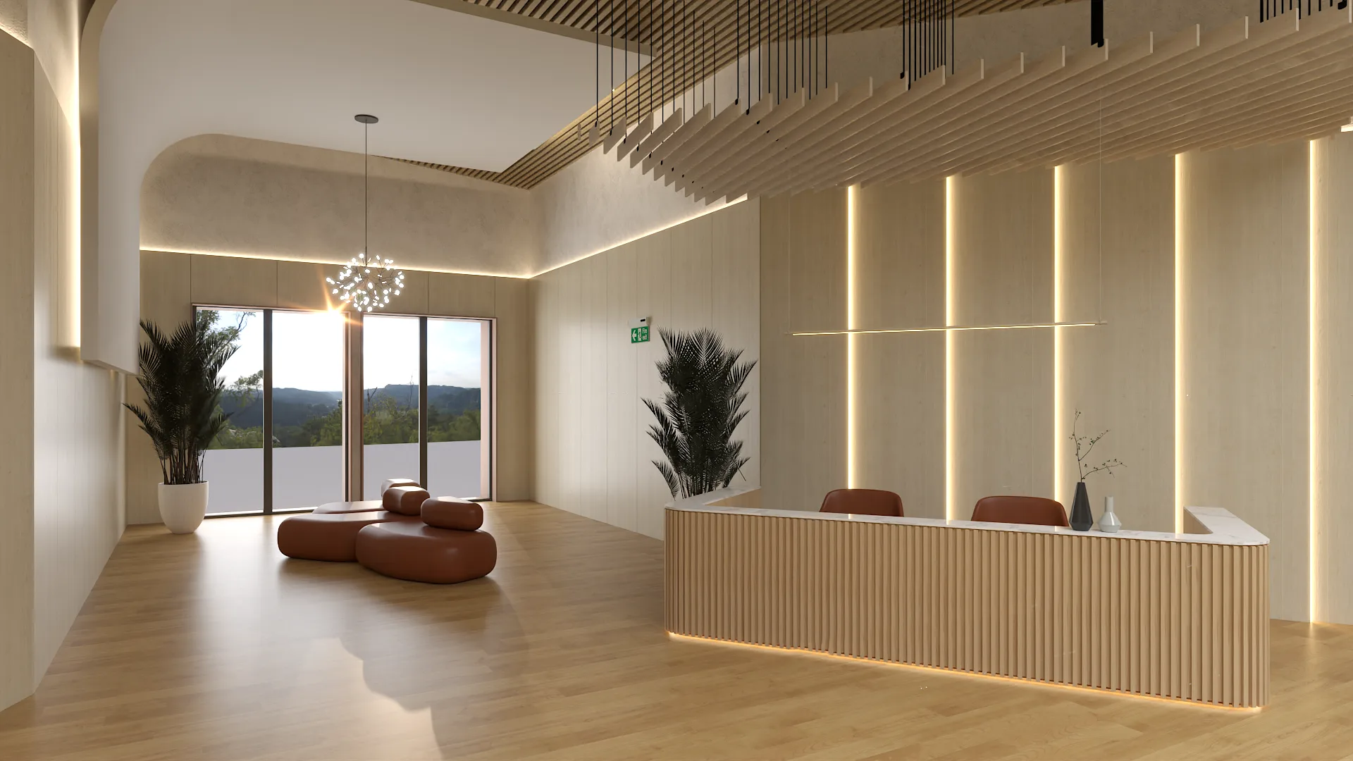 Corporate reception lobby with fluted oak desk, vertical LED strip accent wall, undulating timber baffle ceiling, and cognac bean-shaped lounge chairs