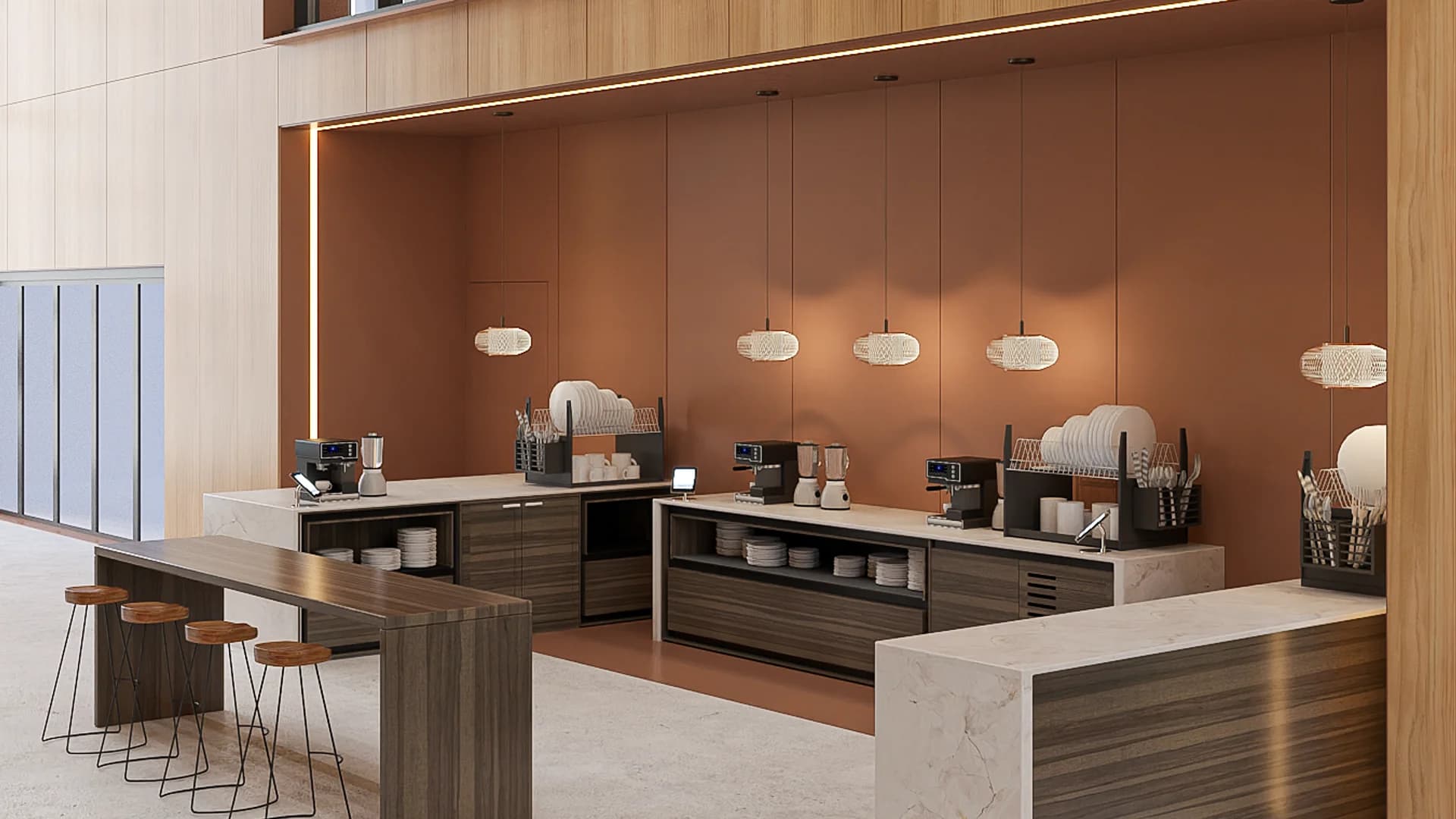 Office coffee station with terracotta wall, pendant lights, marble countertops, and wood cabinetry
