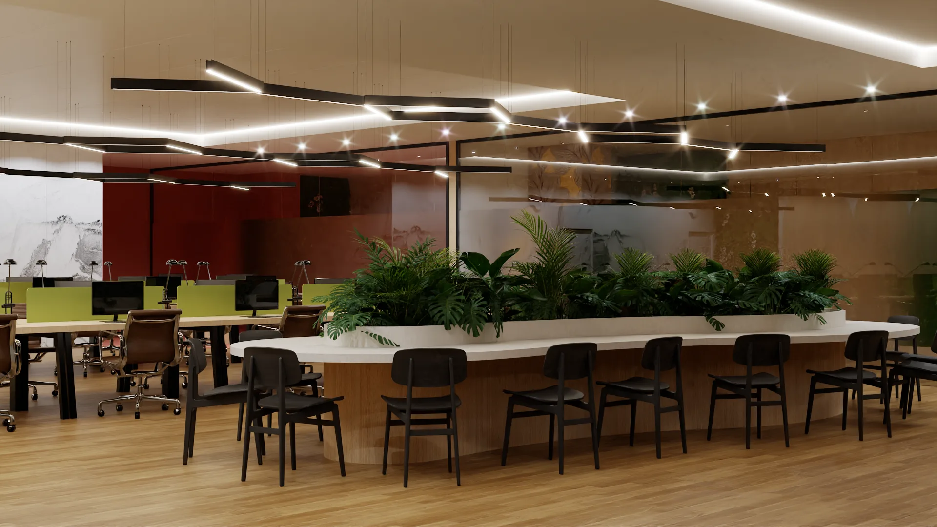Communal bar with curved white counter, built-in planters, dark chairs, geometric pendant lights