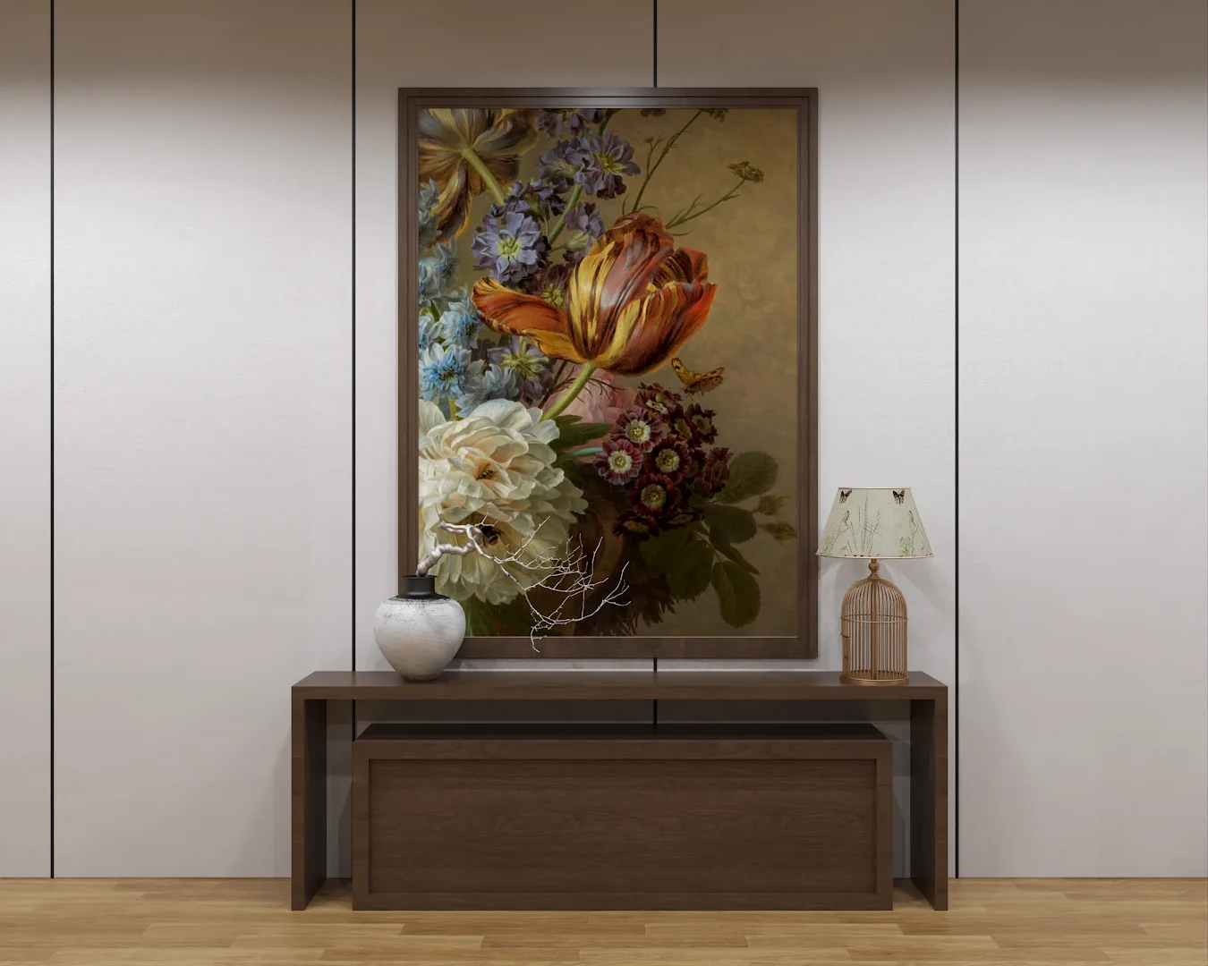 Office hallway with large floral oil painting, dark wood console table, and cage lamp