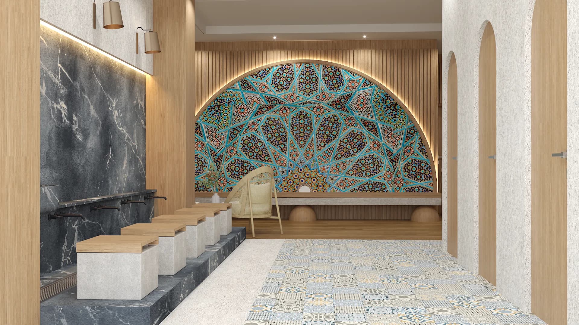 Corporate lobby with turquoise arched mosaic wall, wood slat panels, and geometric tile floor