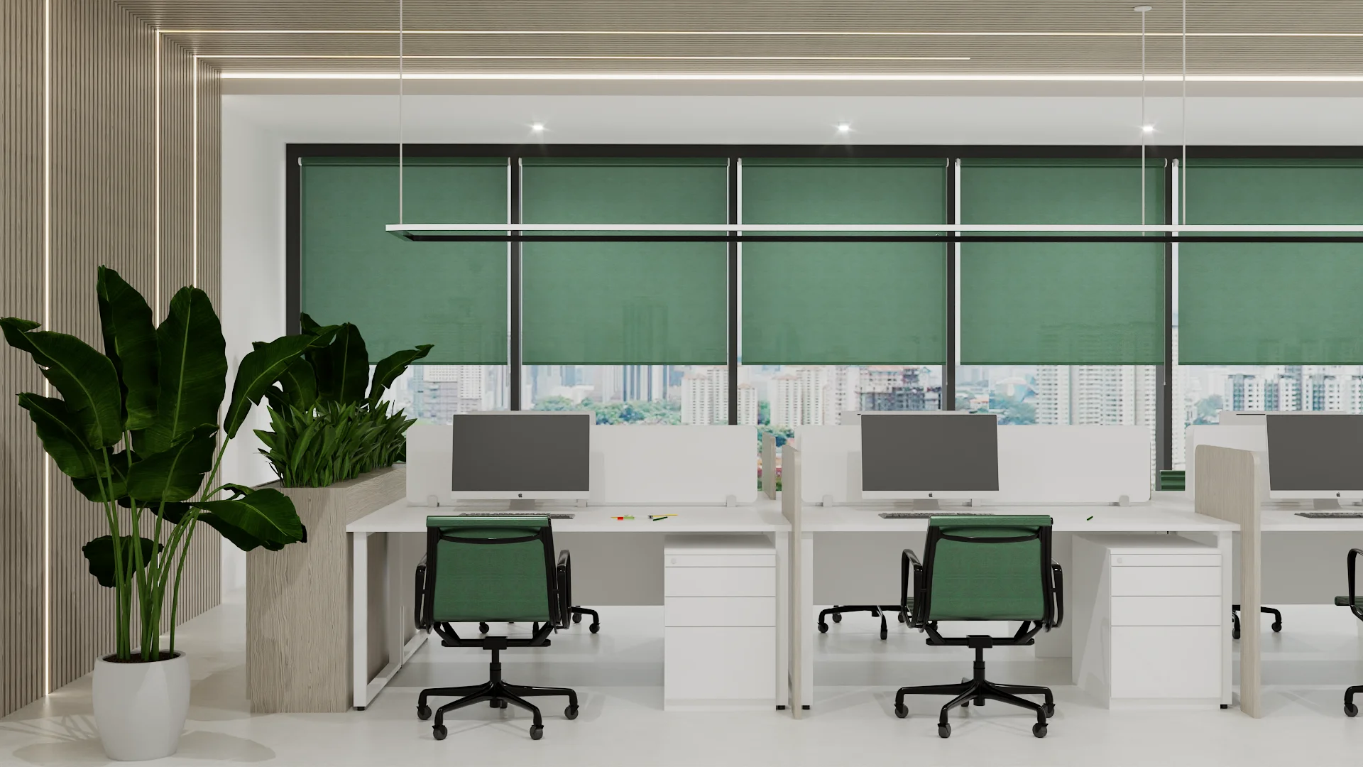 Open plan office with green task chairs, sage roller shades, oak slat wall, and tropical planter