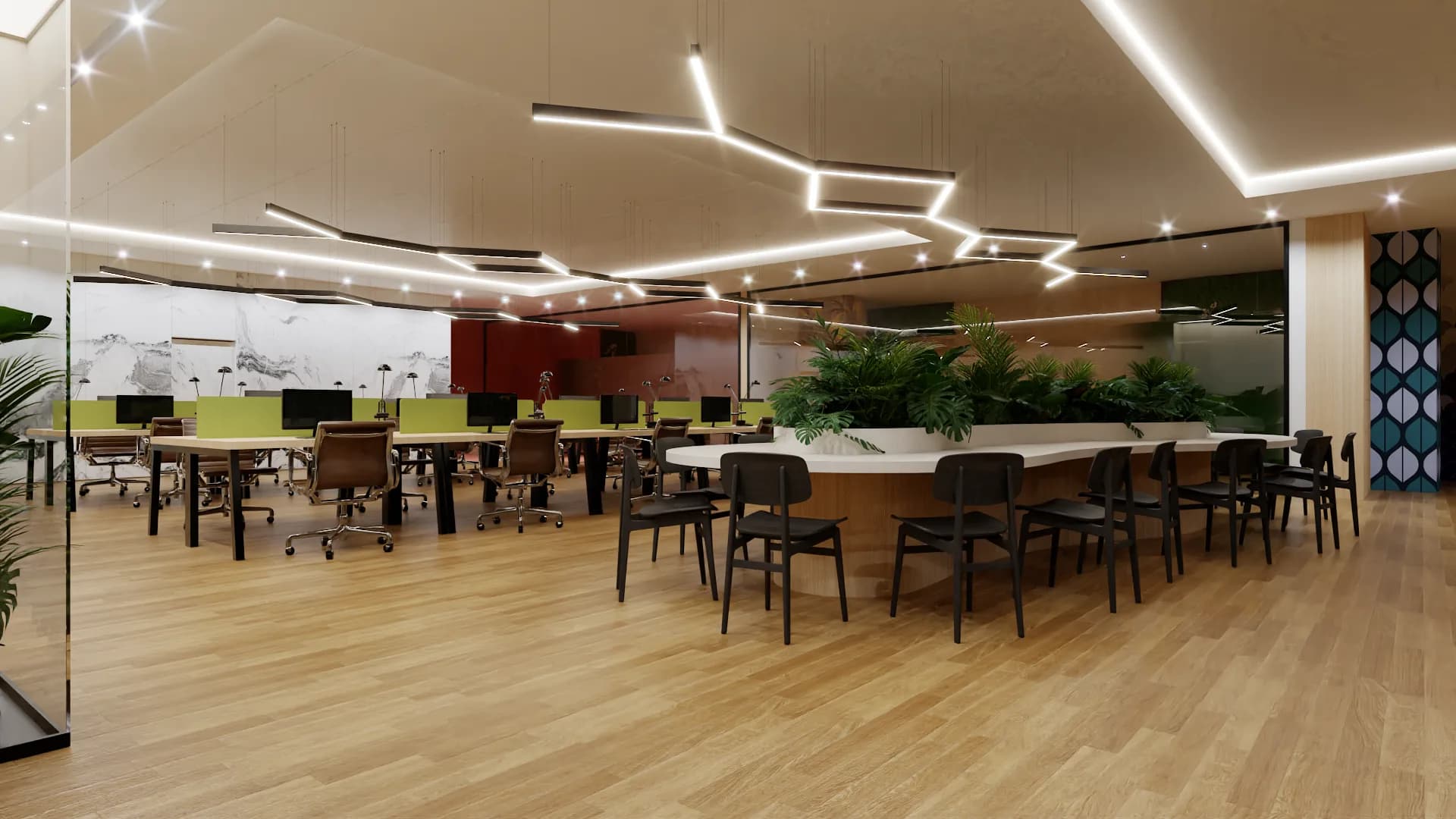 Open plan office with geometric LED ceiling lights, collaborative table, and tropical plants