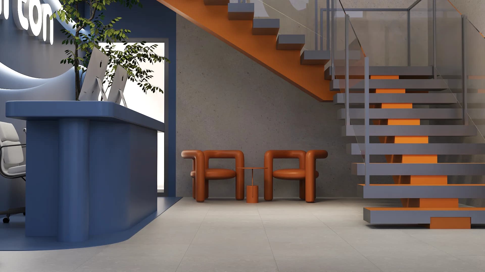 Sculptural orange ribbon armchairs in front of a floating steel and orange staircase.