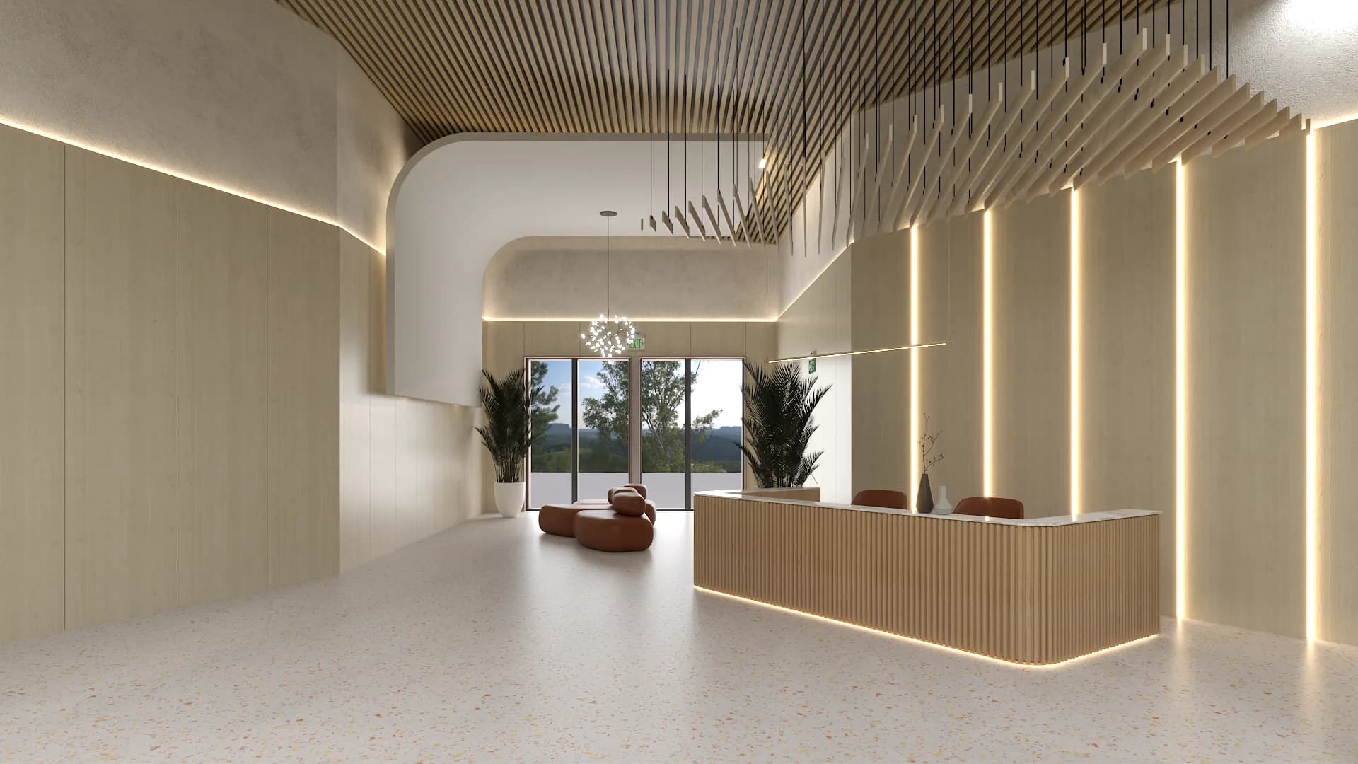 Wide angle of corporate reception lobby showing terrazzo floor, timber baffle ceiling, and LED wall