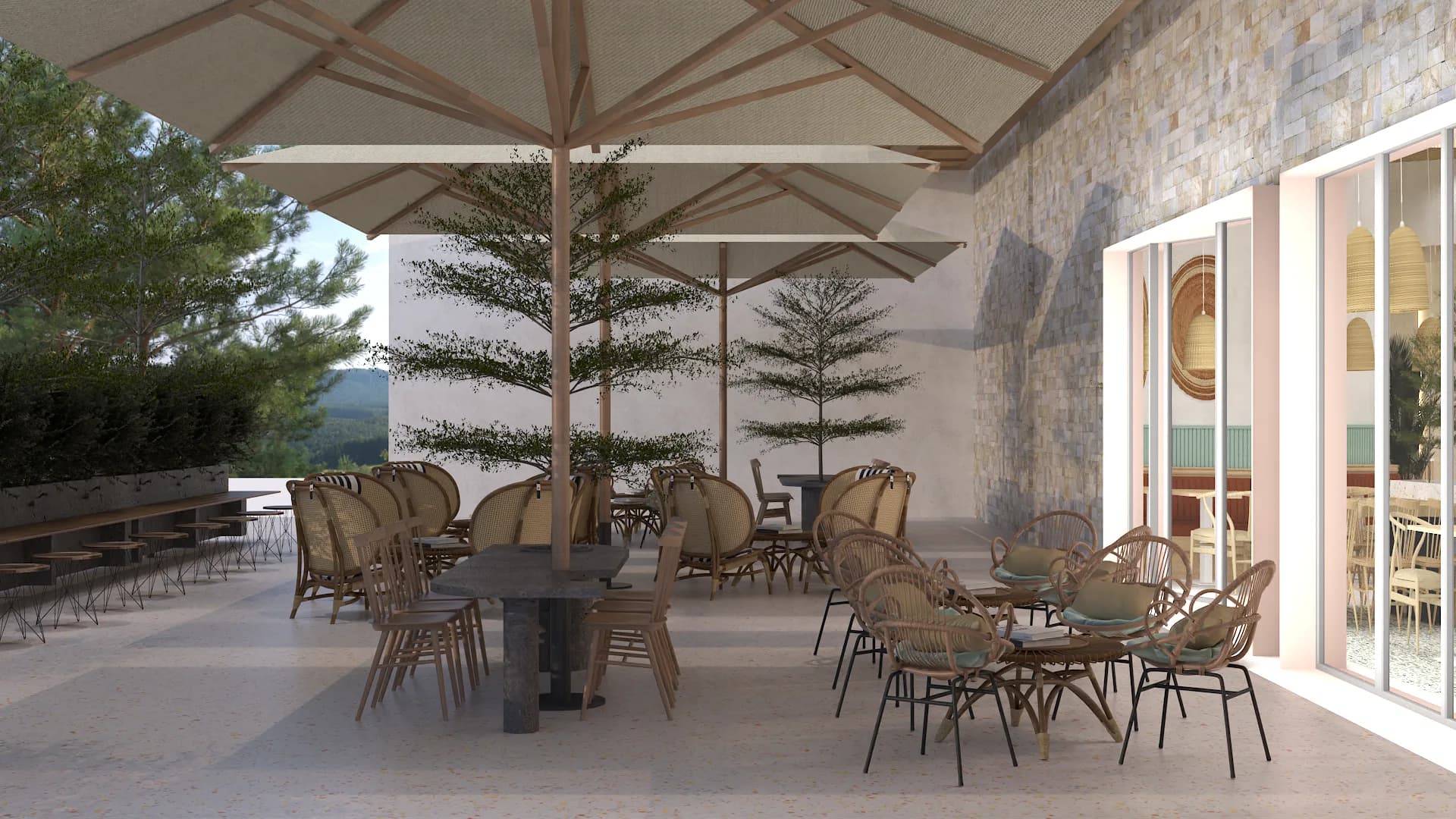 Corporate outdoor dining terrace with canvas umbrellas, rattan wicker chairs, concrete tables, and a natural stone facade wall with mountain views