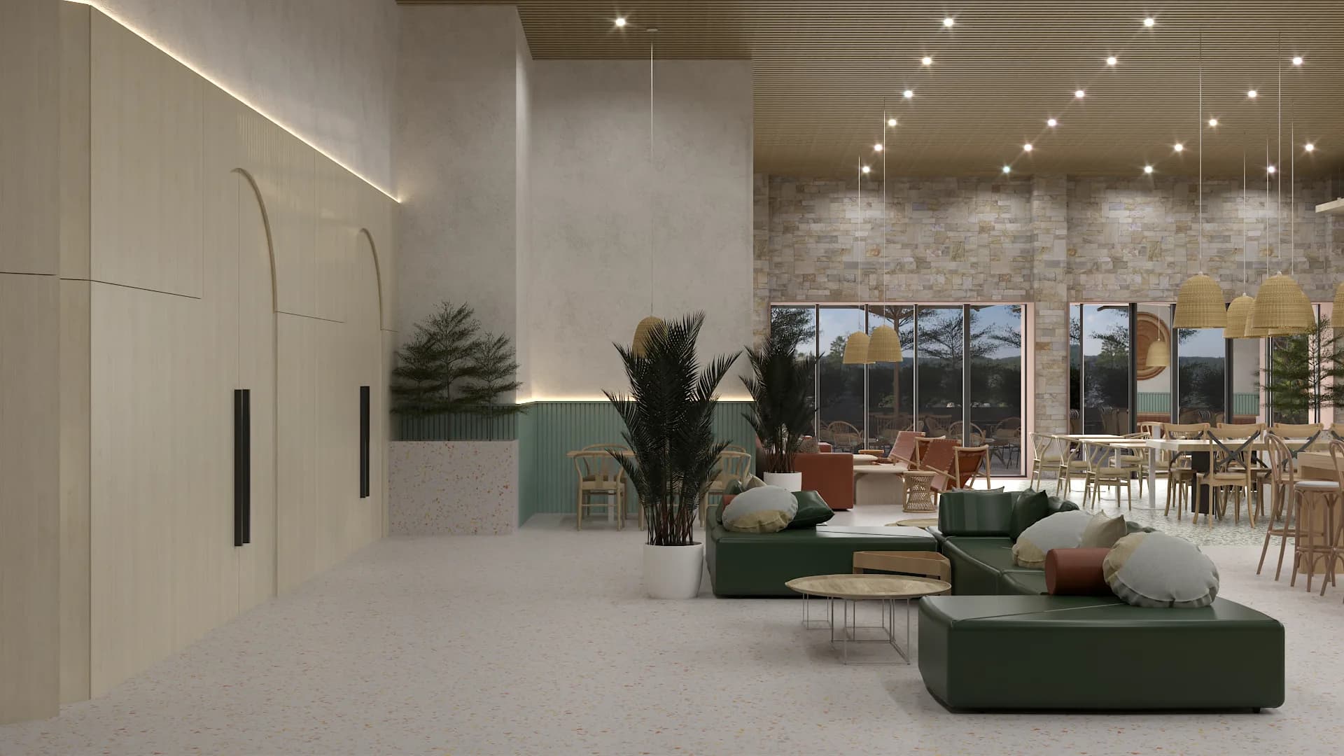 Corporate campus cafeteria with terrazzo floors, sage green fluted wainscoting, rattan basket pendants, green modular sofas, and cognac leather lounge seating
