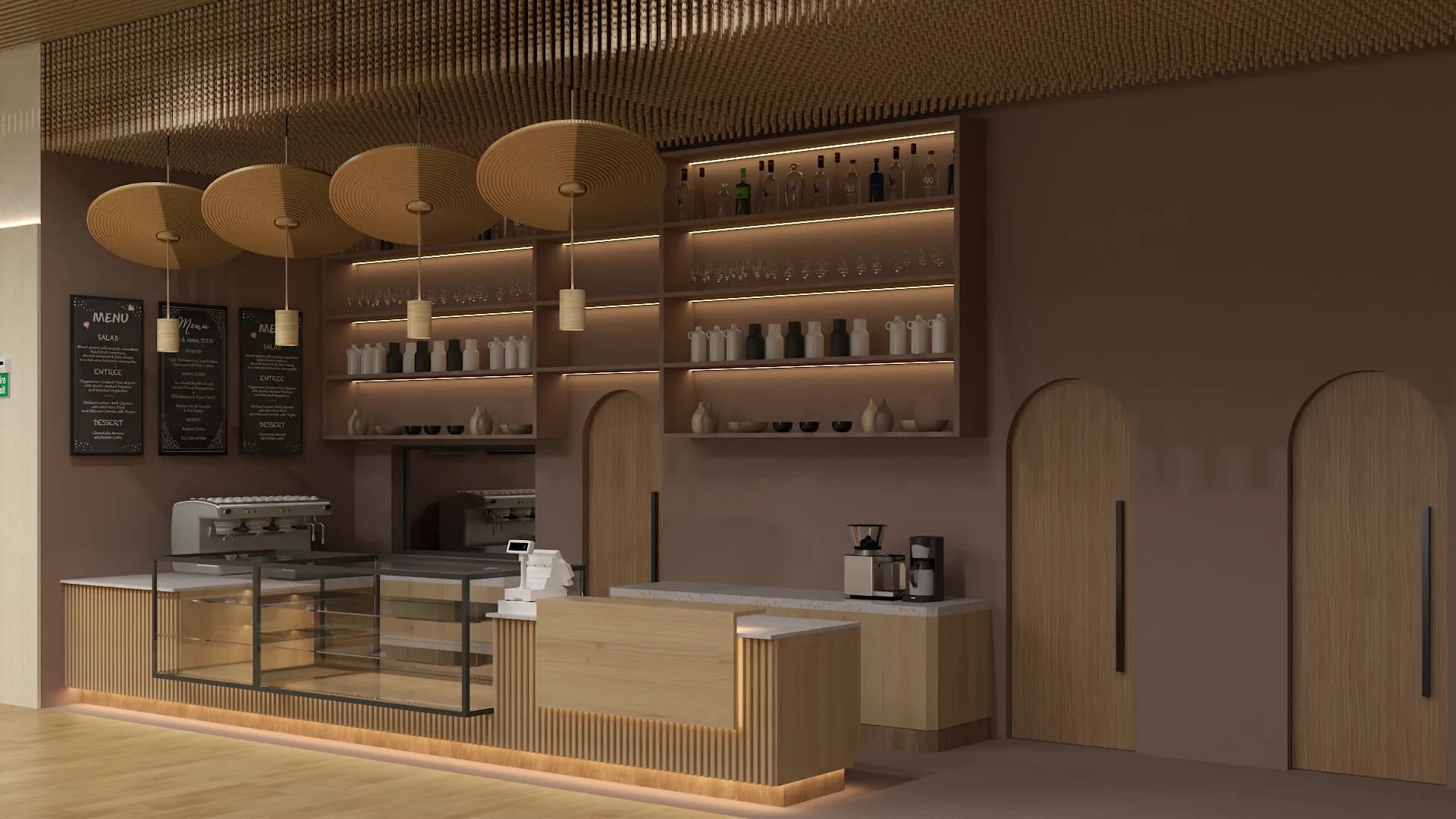 Employee coffee bar with fluted oak counter, back-lit shelving, and disc pendants