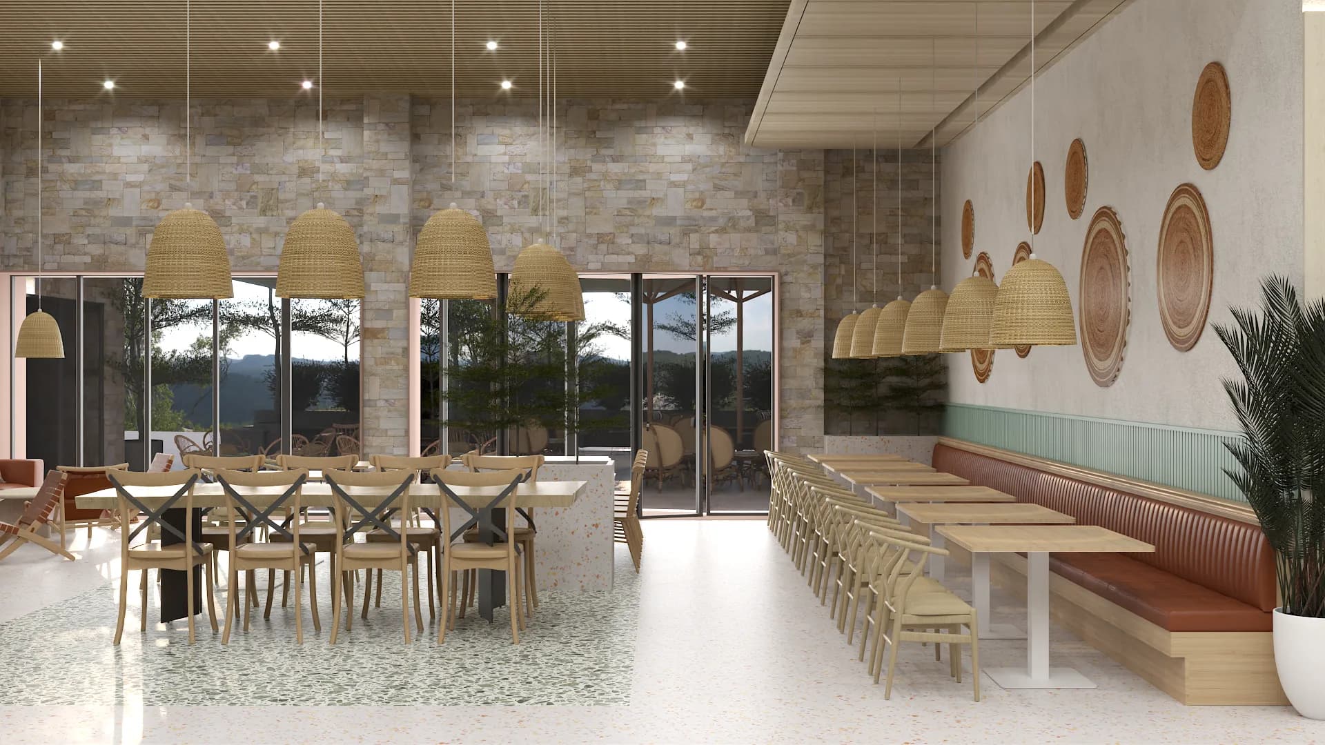 Communal dining zone with wishbone chairs, rattan basket pendants, and banquette seating