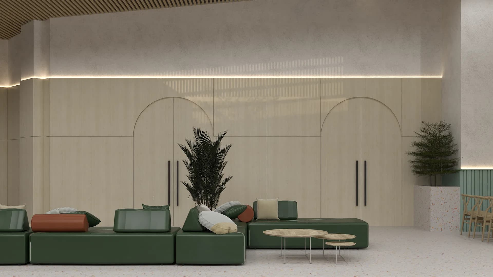 Green modular sectional facing arched oak panel feature wall with cove lighting