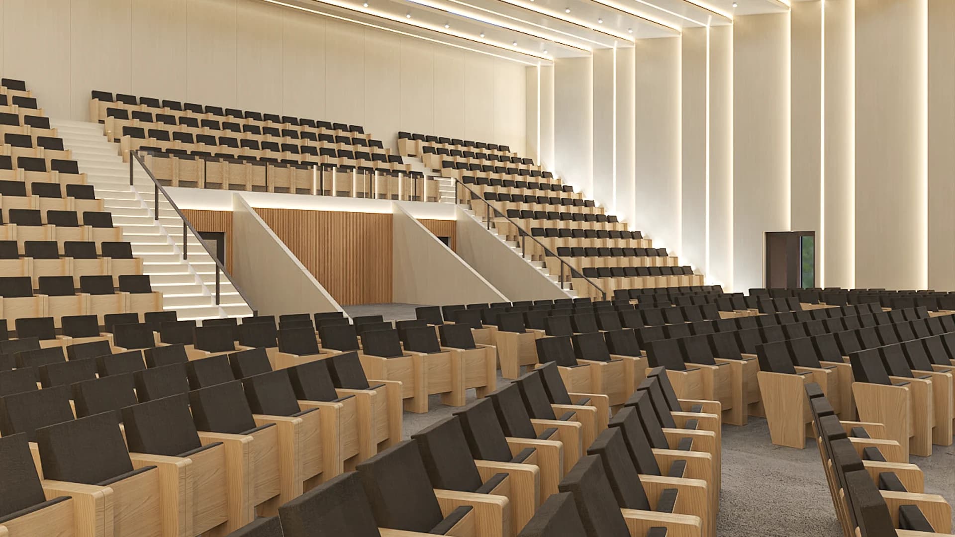Large auditorium with tiered wood-framed seating rows, dark cushions, and vertical light panel walls