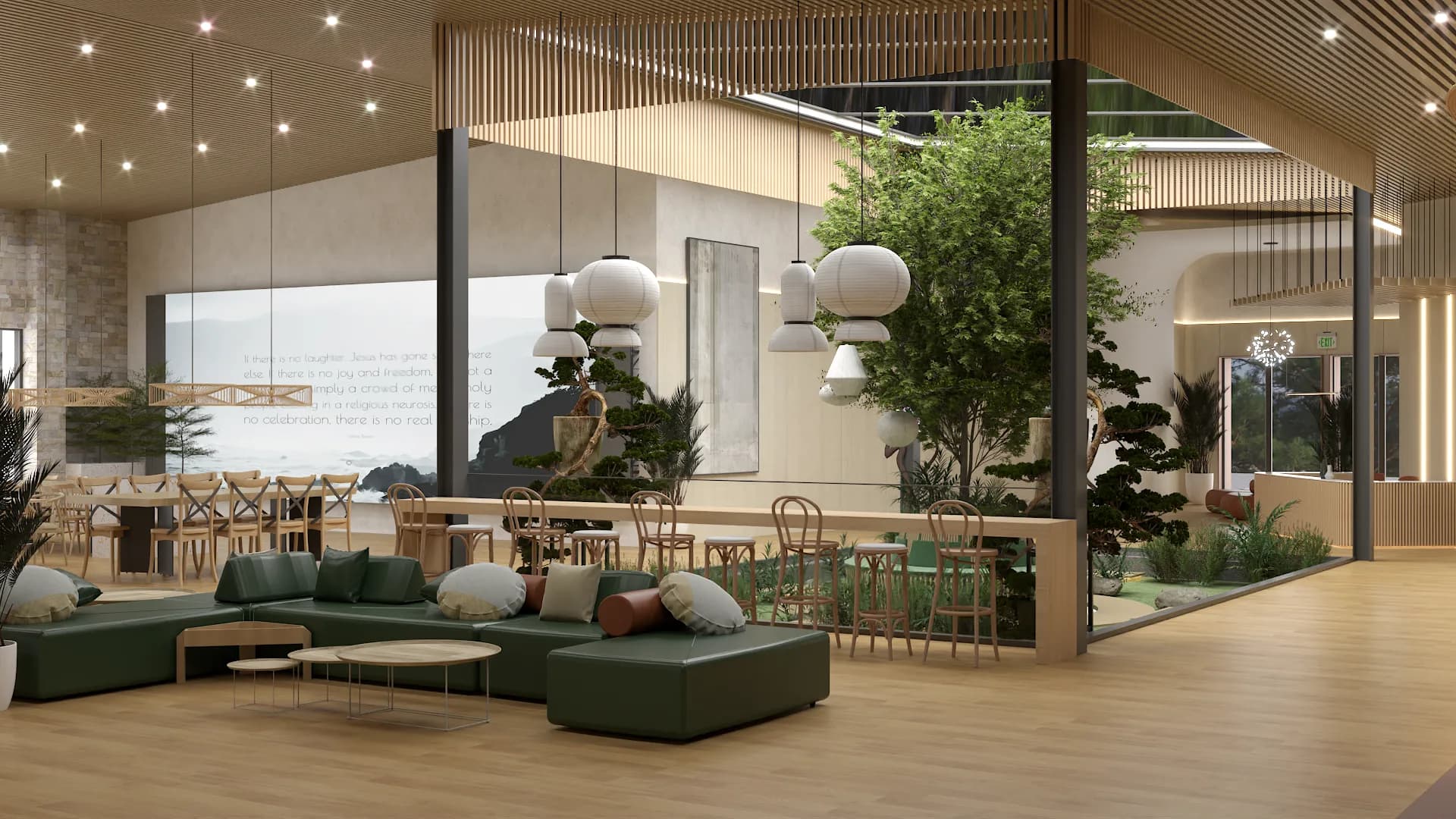 Corporate campus lounge with green modular sofas, paper lantern pendants, wishbone chairs, and oak wood floors surrounded by indoor trees