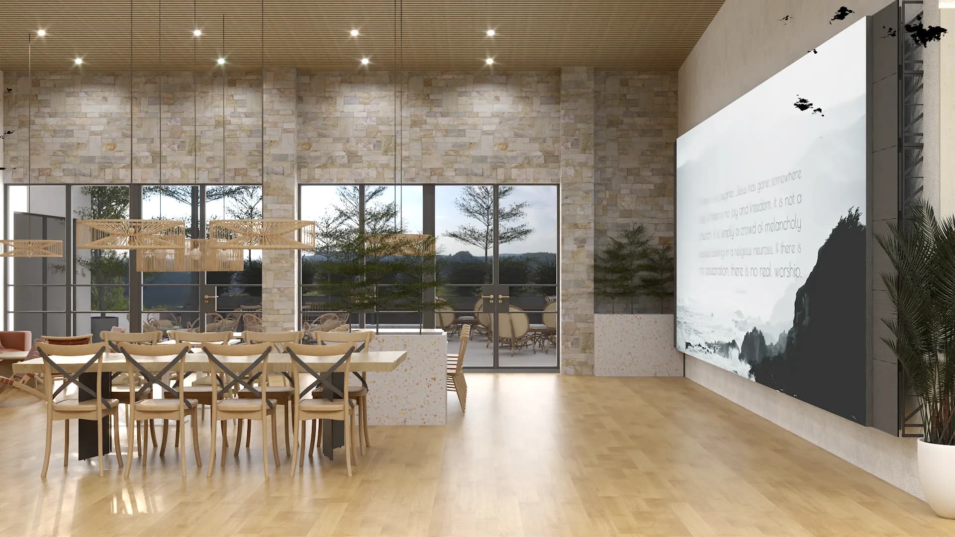 Corporate dining area with wishbone chairs, stone accent wall, and mountain views through glass