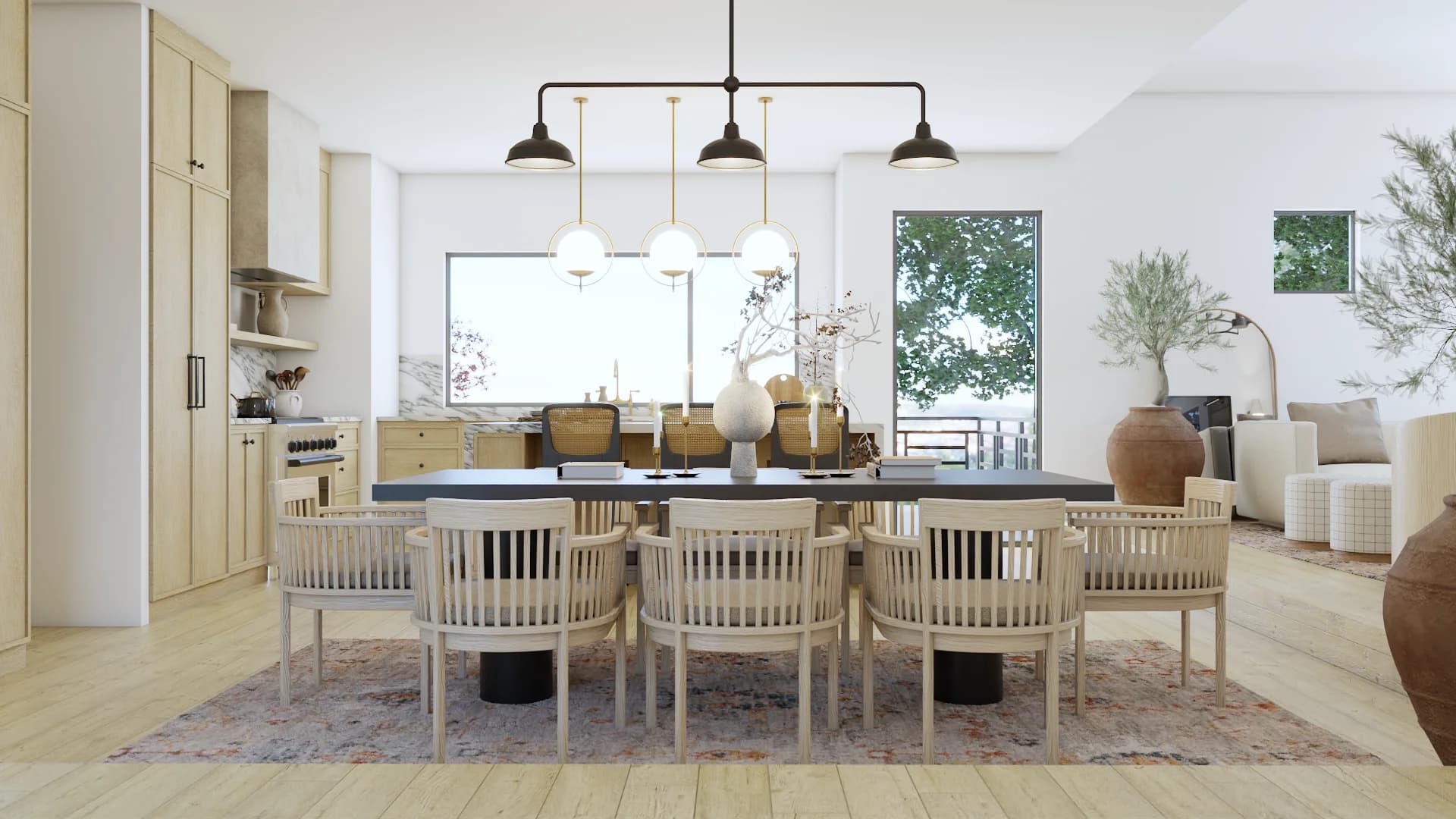 Cream slatted chairs around dark charcoal dining table, black five-globe pendant, blonde oak floors, terracotta urn accent