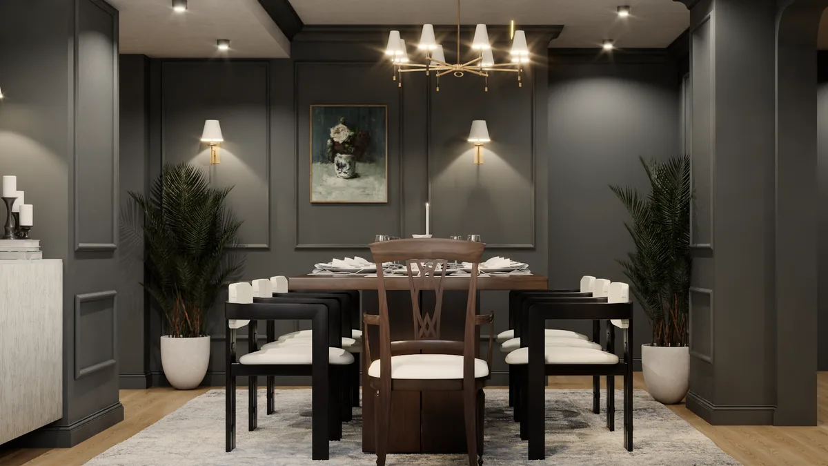 Formal dining room with floor-to-ceiling charcoal paneled walls, walnut table, black chairs with cream seats, and brass chandelier