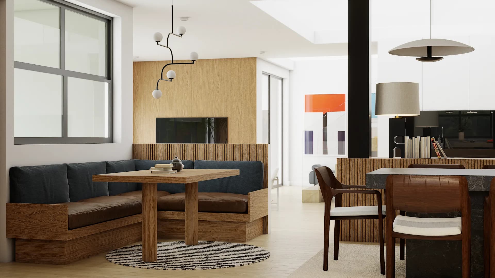 Corner banquette with slatted oak frame, navy cushions, globe pendant, and colorful art beyond