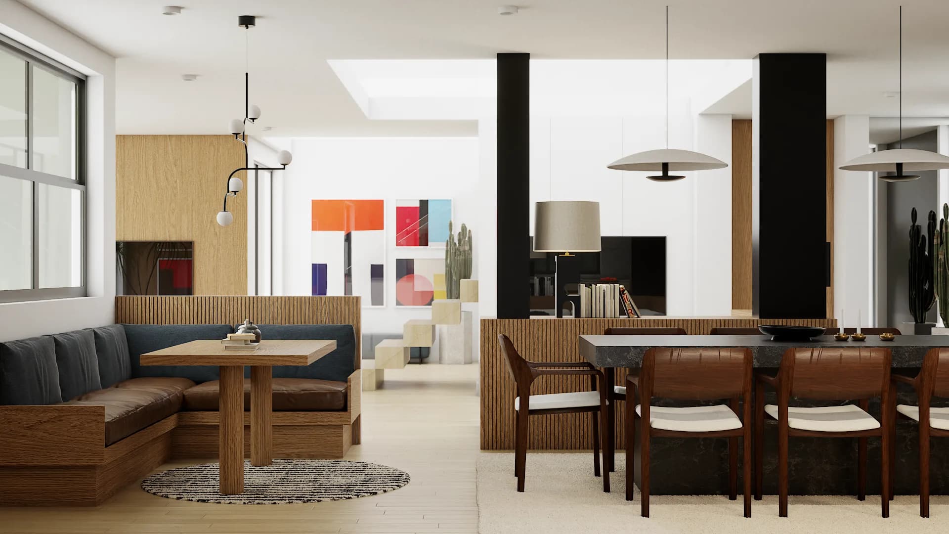 Wide view showing banquette at left and dark marble table with walnut chairs at right