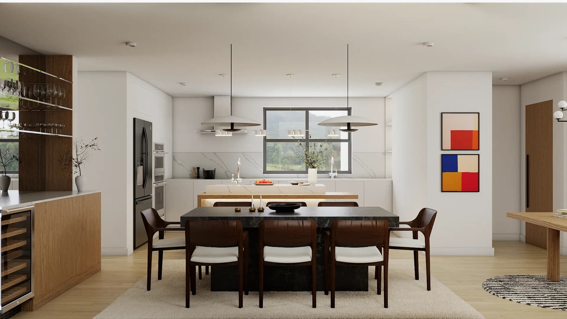 View from kitchen showing marble backsplash, island pendants, and dining table on wool rug
