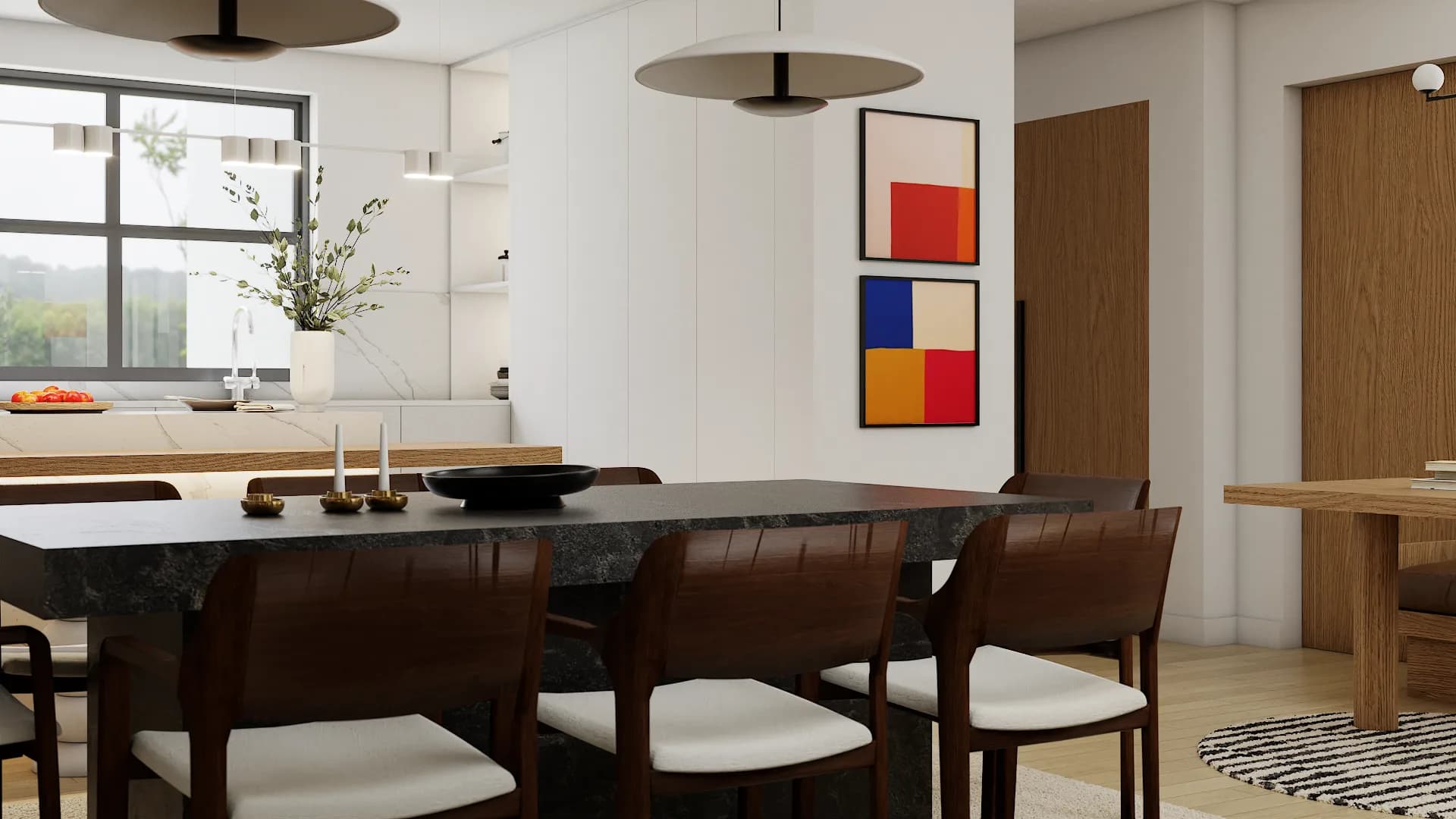 Dark verde marble dining table with walnut chairs, Mondrian diptych on white wall, disc pendants, and white kitchen behind