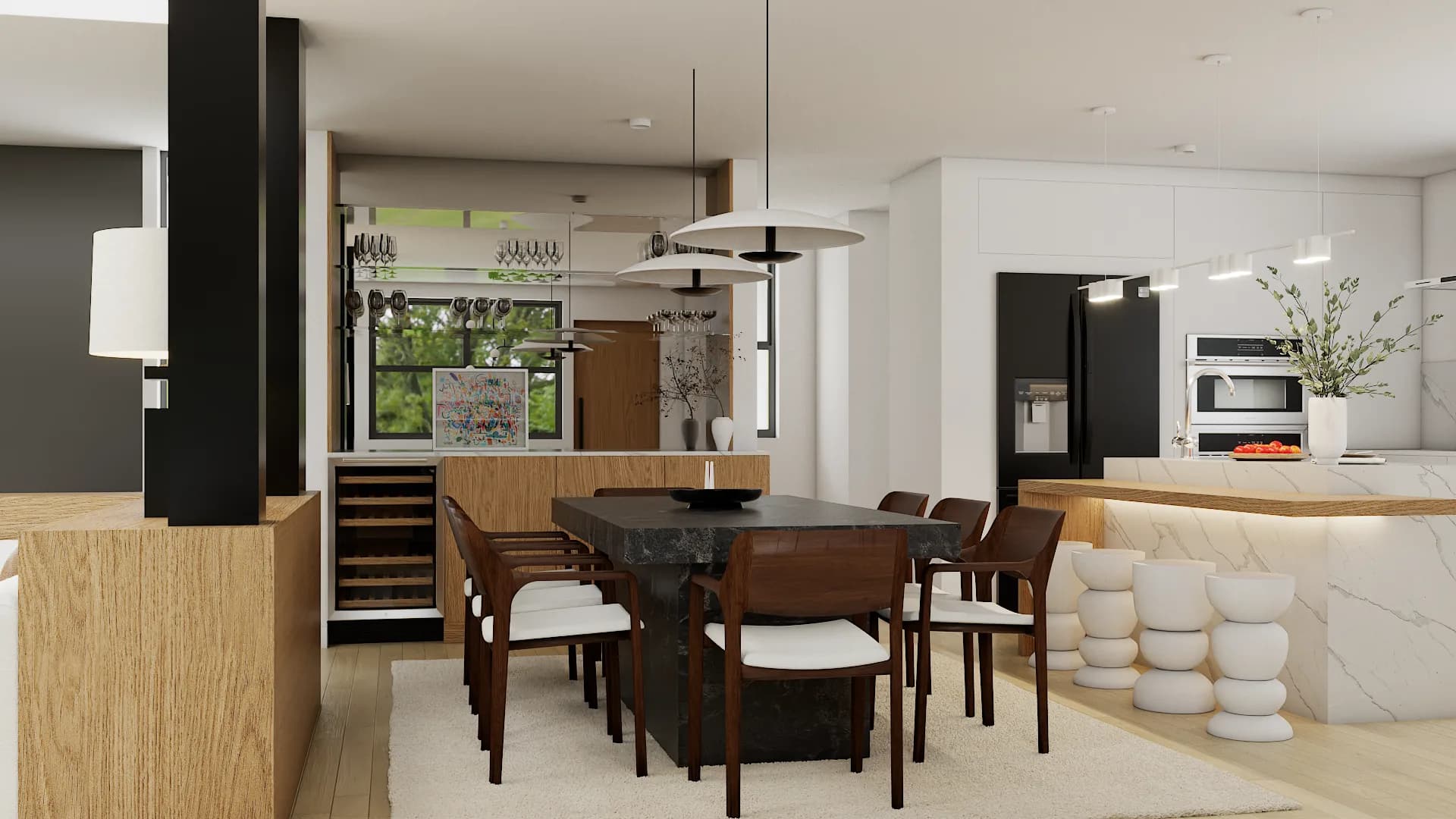Dining table viewed from kitchen with wine fridge, bar shelving, and marble island edge