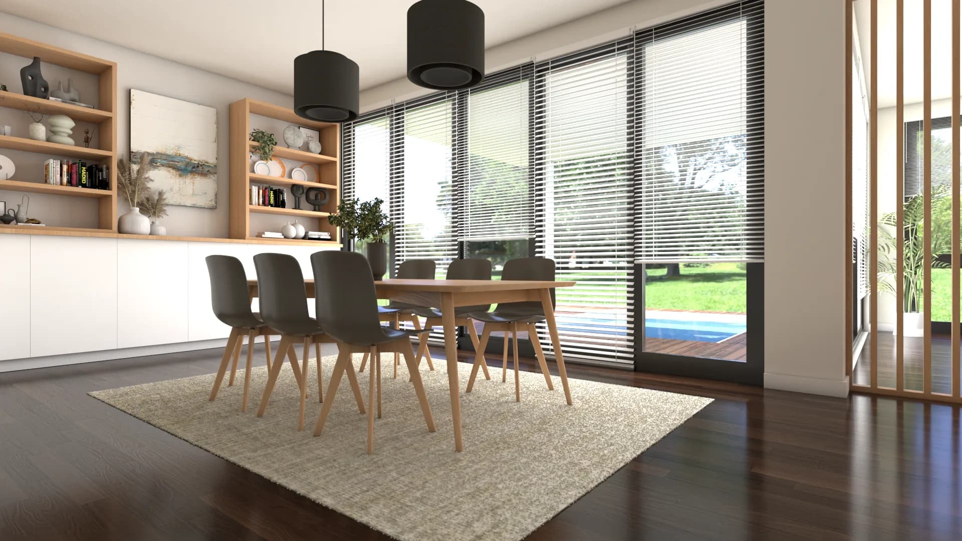 Contemporary dining room with oak rectangular table, gray upholstered shell chairs, two black drum pendant lights, float