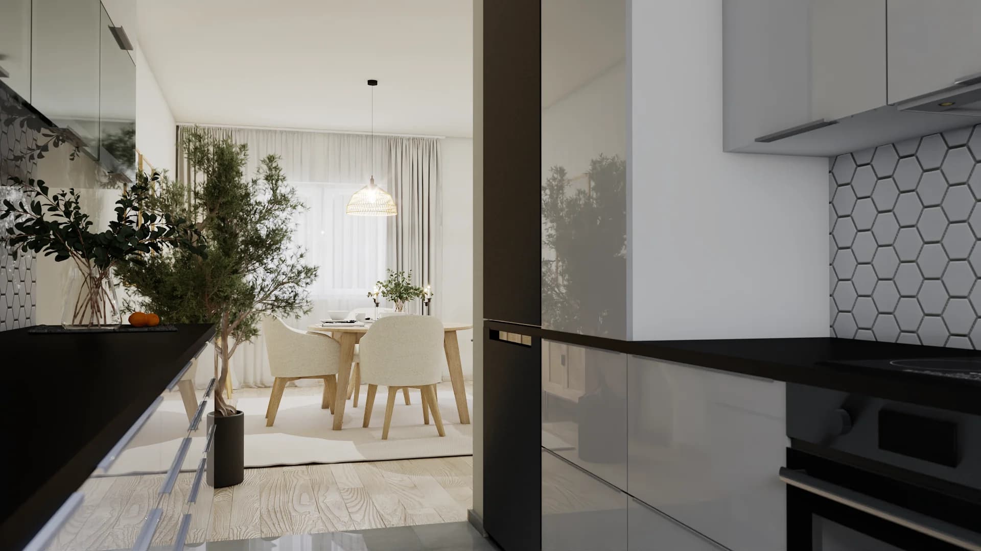 Open-plan dining room viewed from kitchen with hexagon tile backsplash and pendant light