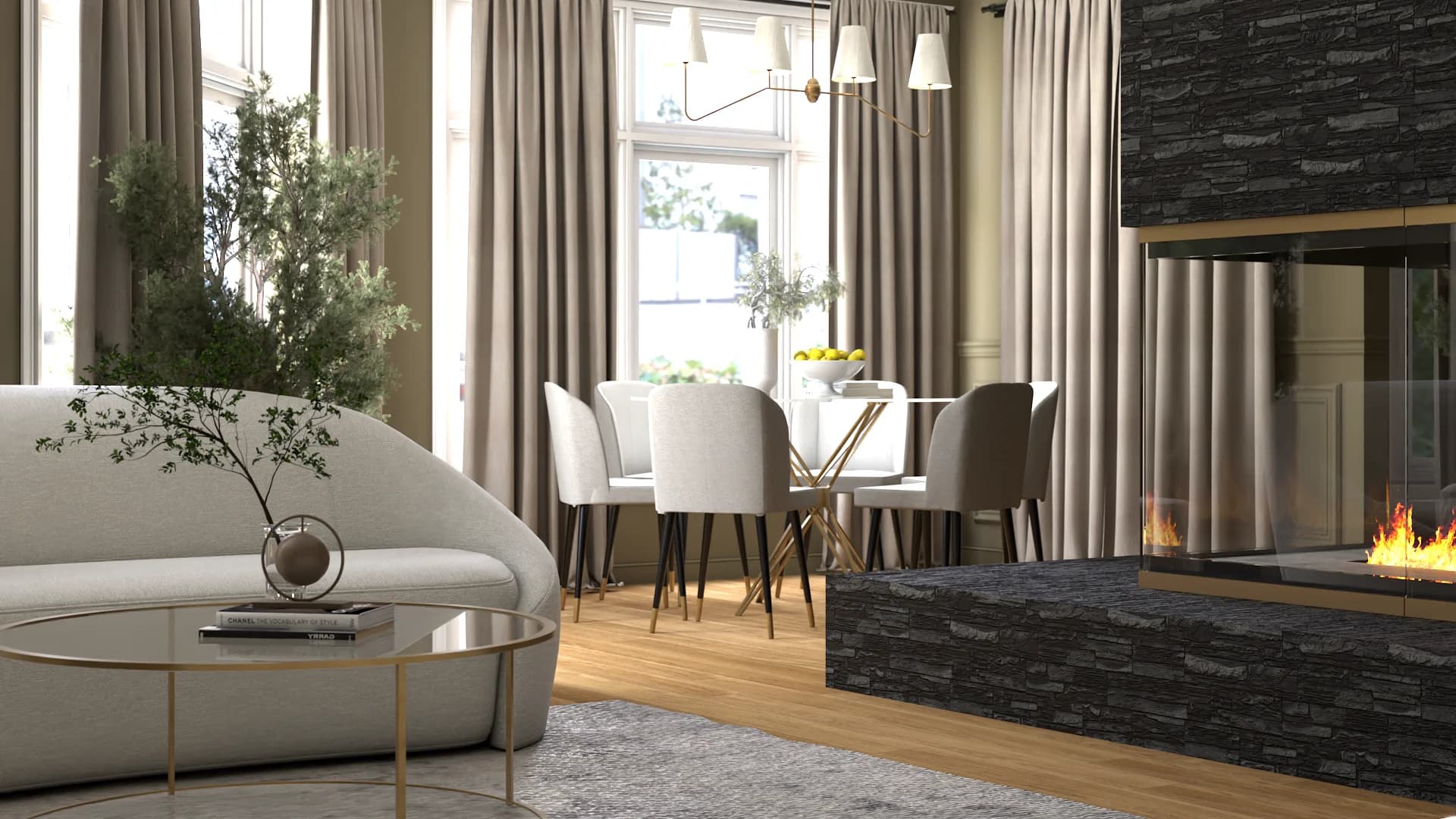 Olive open-plan dining room with round pedestal table, taupe chairs, and beige curtains