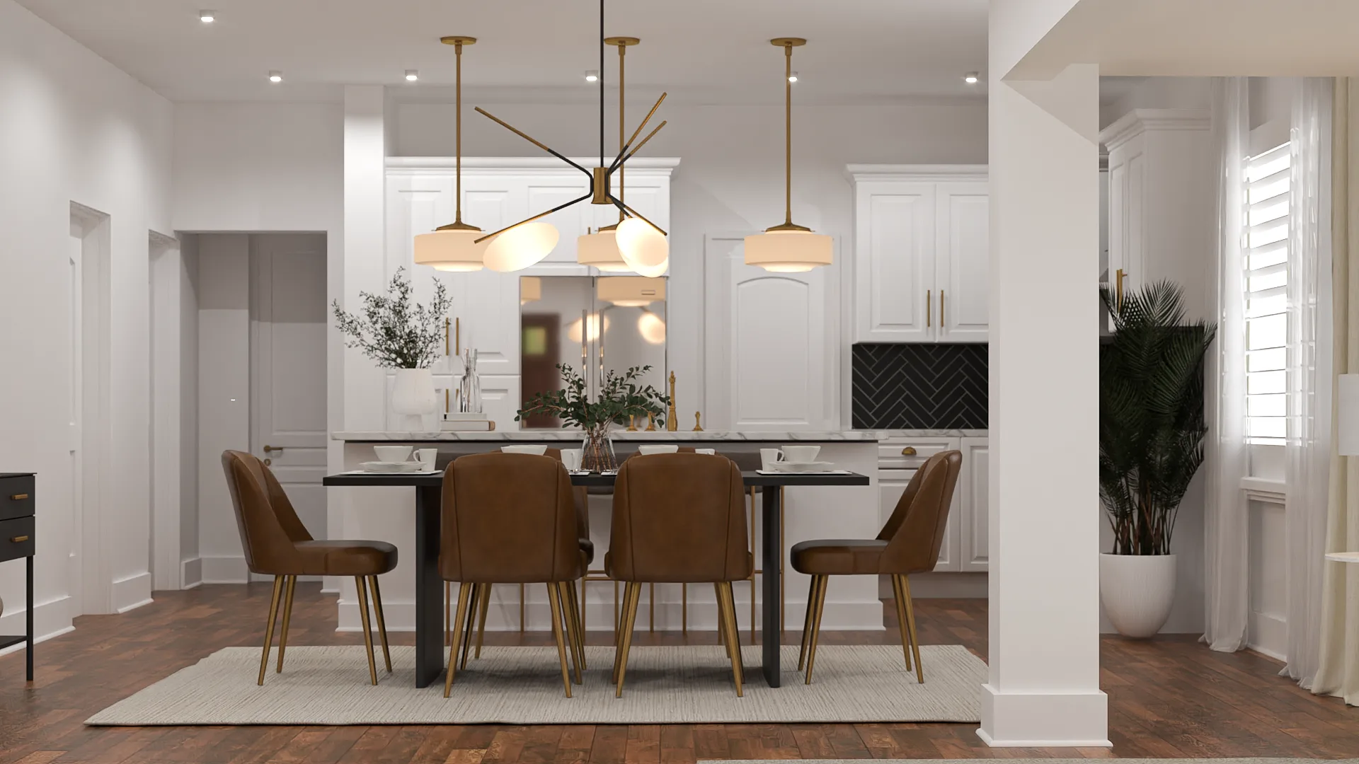 Front view of cognac leather dining chairs with white shaker kitchen and herringbone backsplash behind