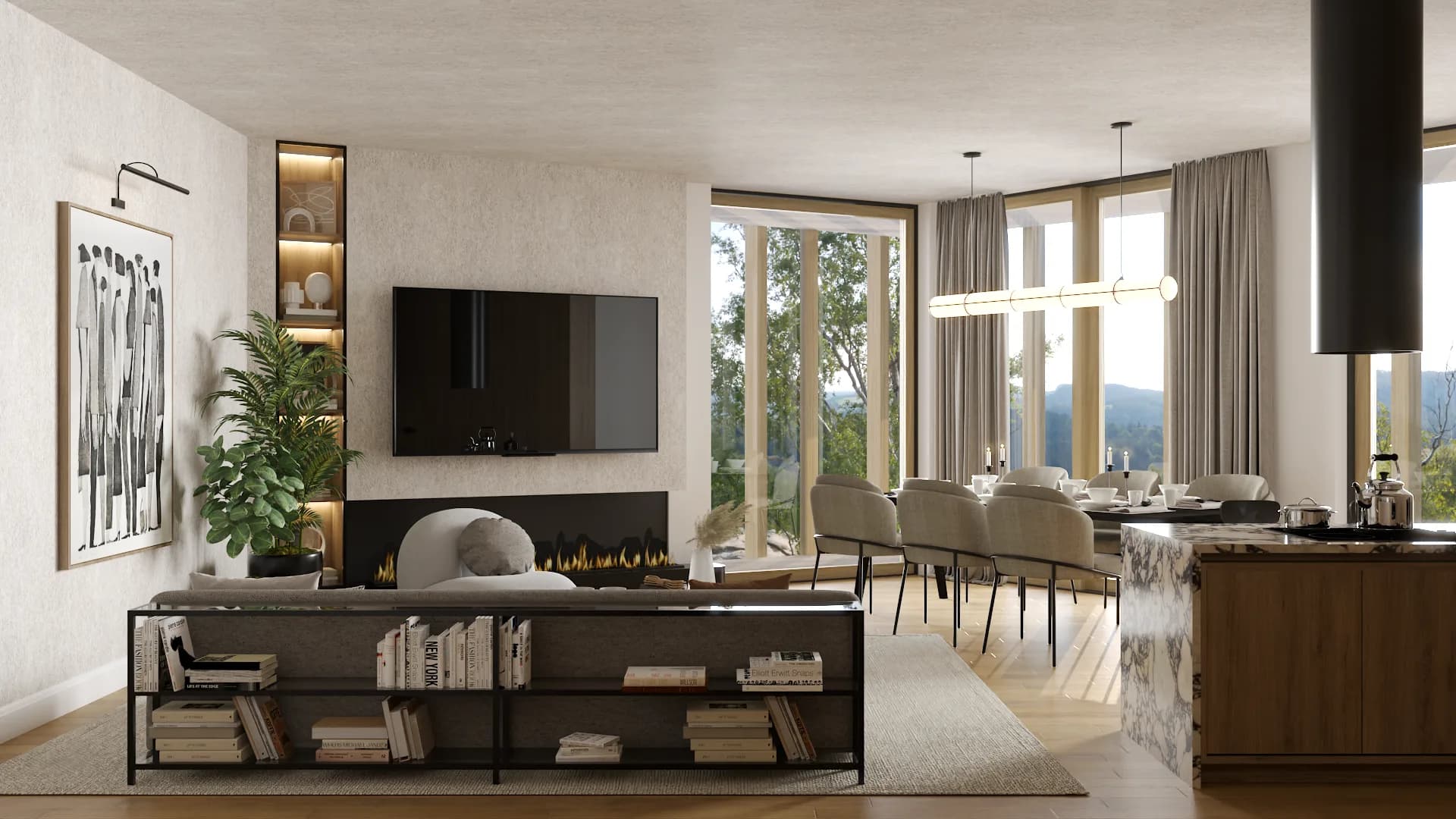 Large organic modern open-plan dining room with linear fireplace, low open console bookcase, dark framed floor-to-ceiling windows with mountain views, and dining zone