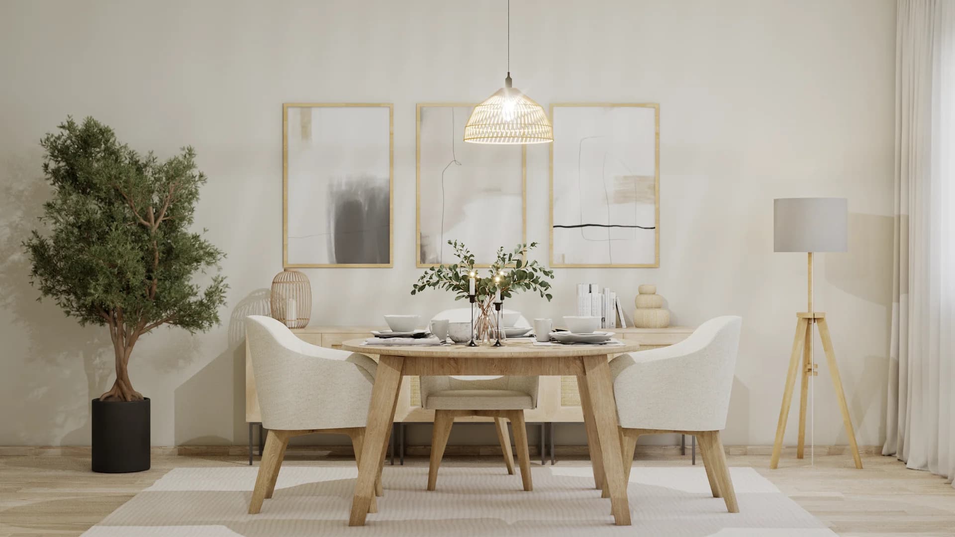 Scandinavian dining room with oak table, cream linen chairs, rattan dome pendant, olive tree, and abstract art triptych