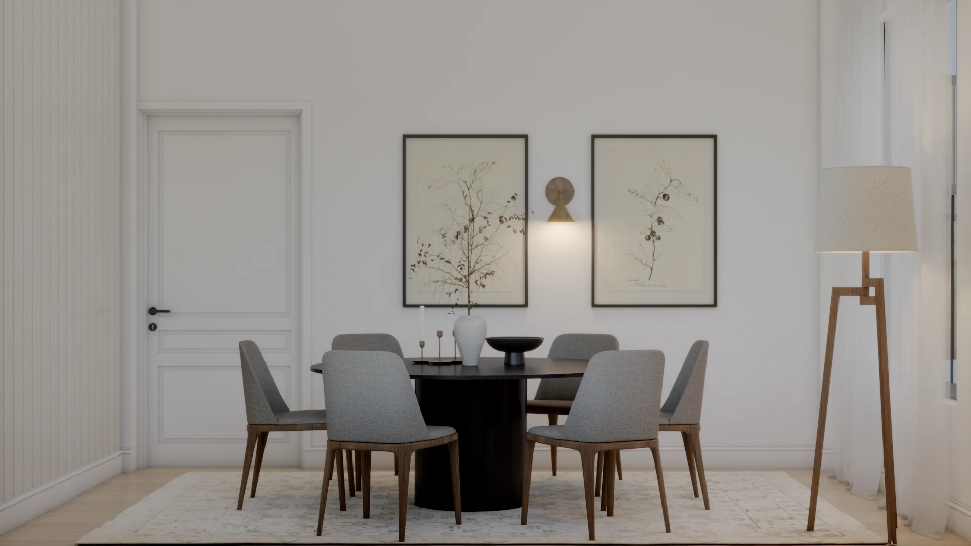 Black round pedestal table with six gray upholstered chairs on walnut legs, white vertical panel walls, brass dome sconce, cream rug, and walnut floor lamp, by Debora Interiors