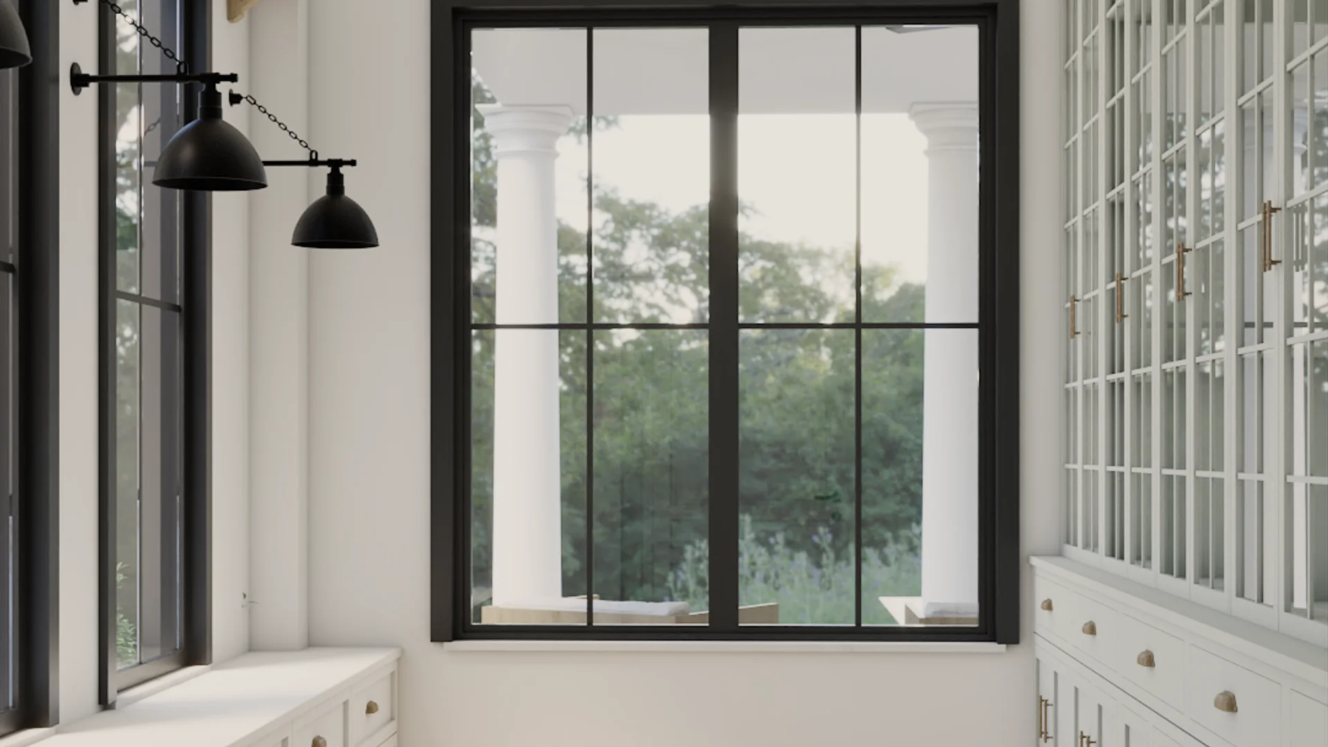 White built-in storage bench below black-frame grid windows with brass cup pulls, black dome swing-arm chain sconces between frames, and a garden view beyond, by Debora Interiors